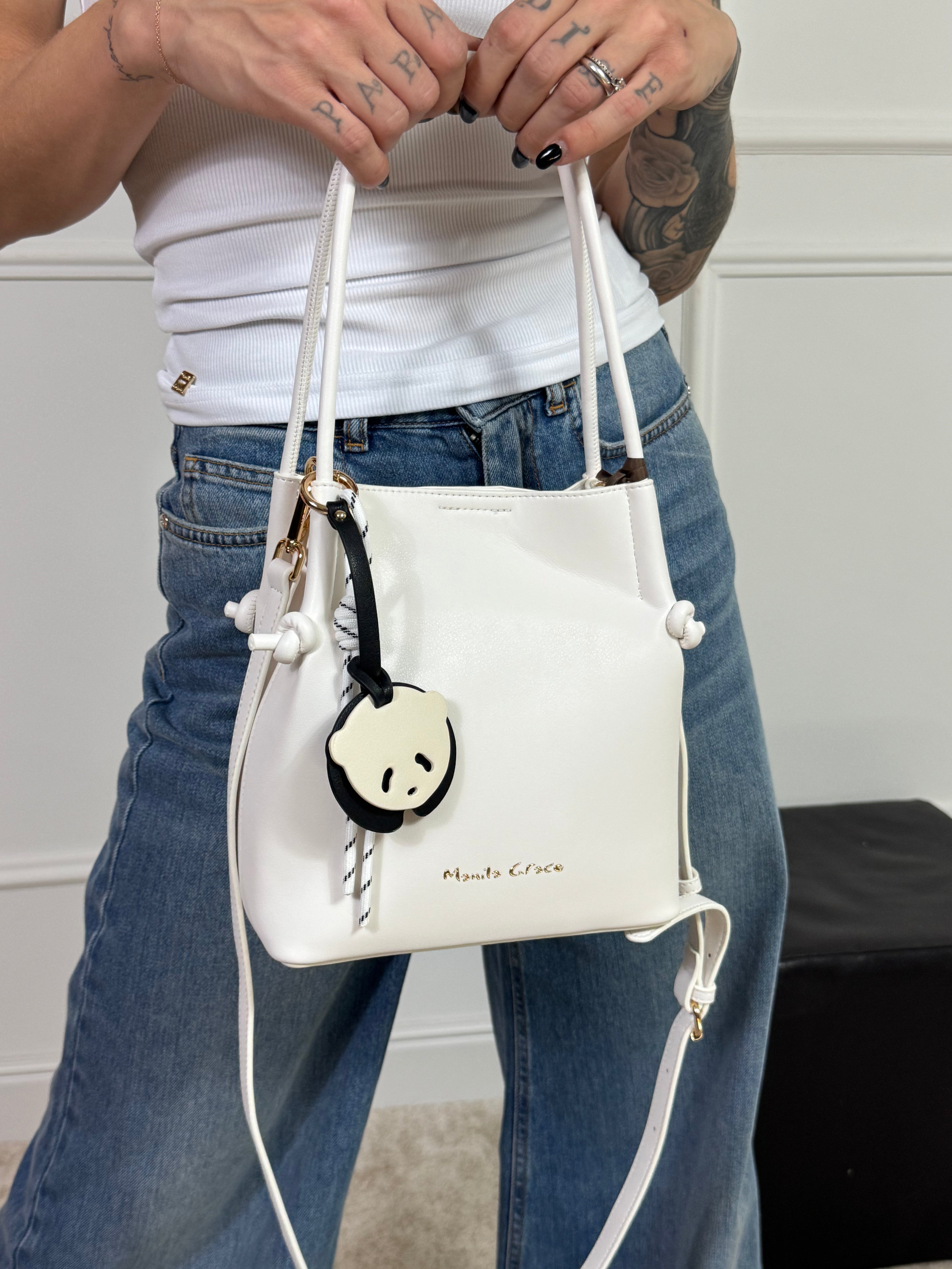 Borsa Manila Grace TOTE BAG PICCOLA ECOPELLE LISCIA CHARM PANDA - ART. B806EU