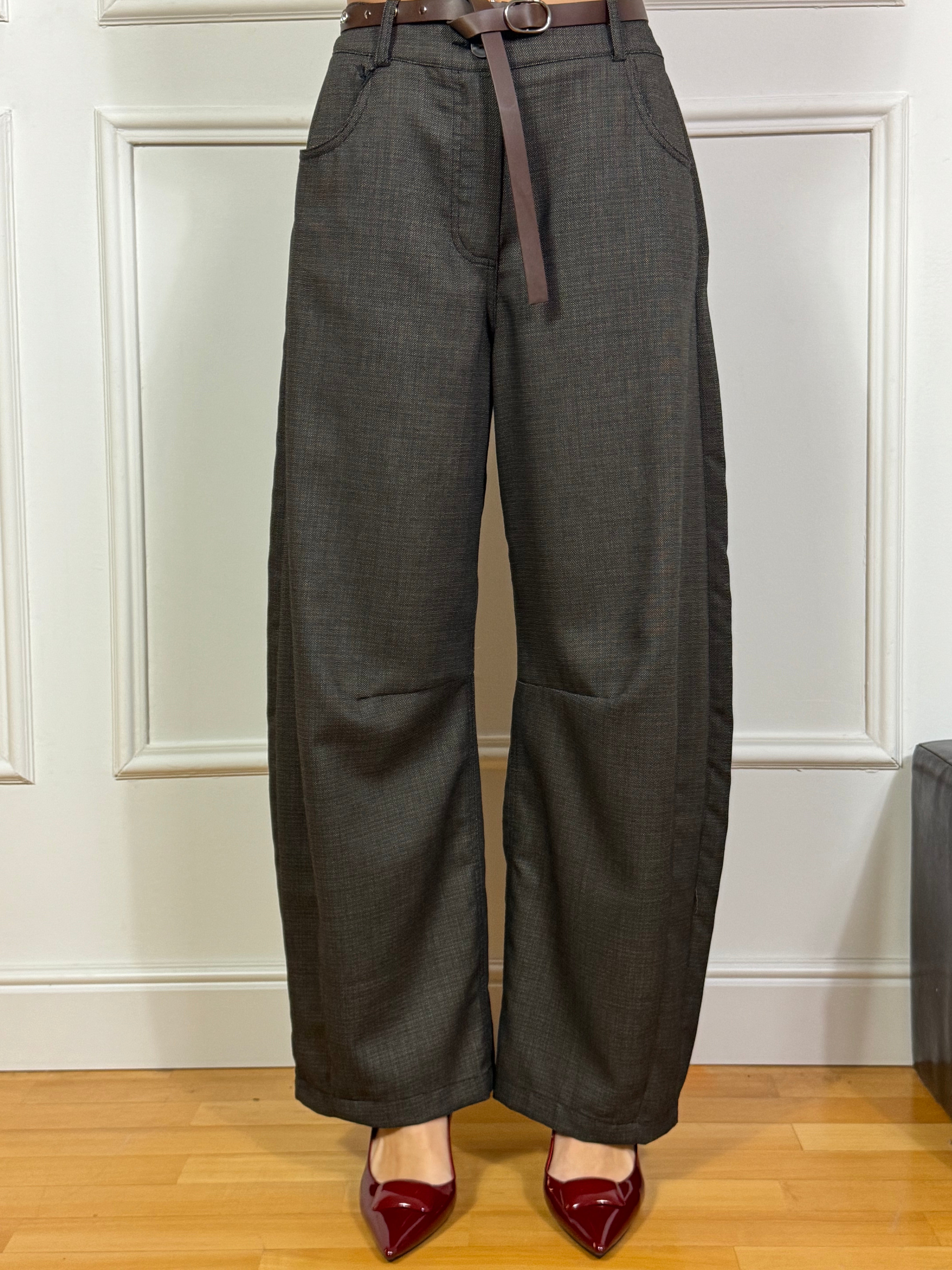 Pantalone a carota Tensione In con cintura tessuto moro melange