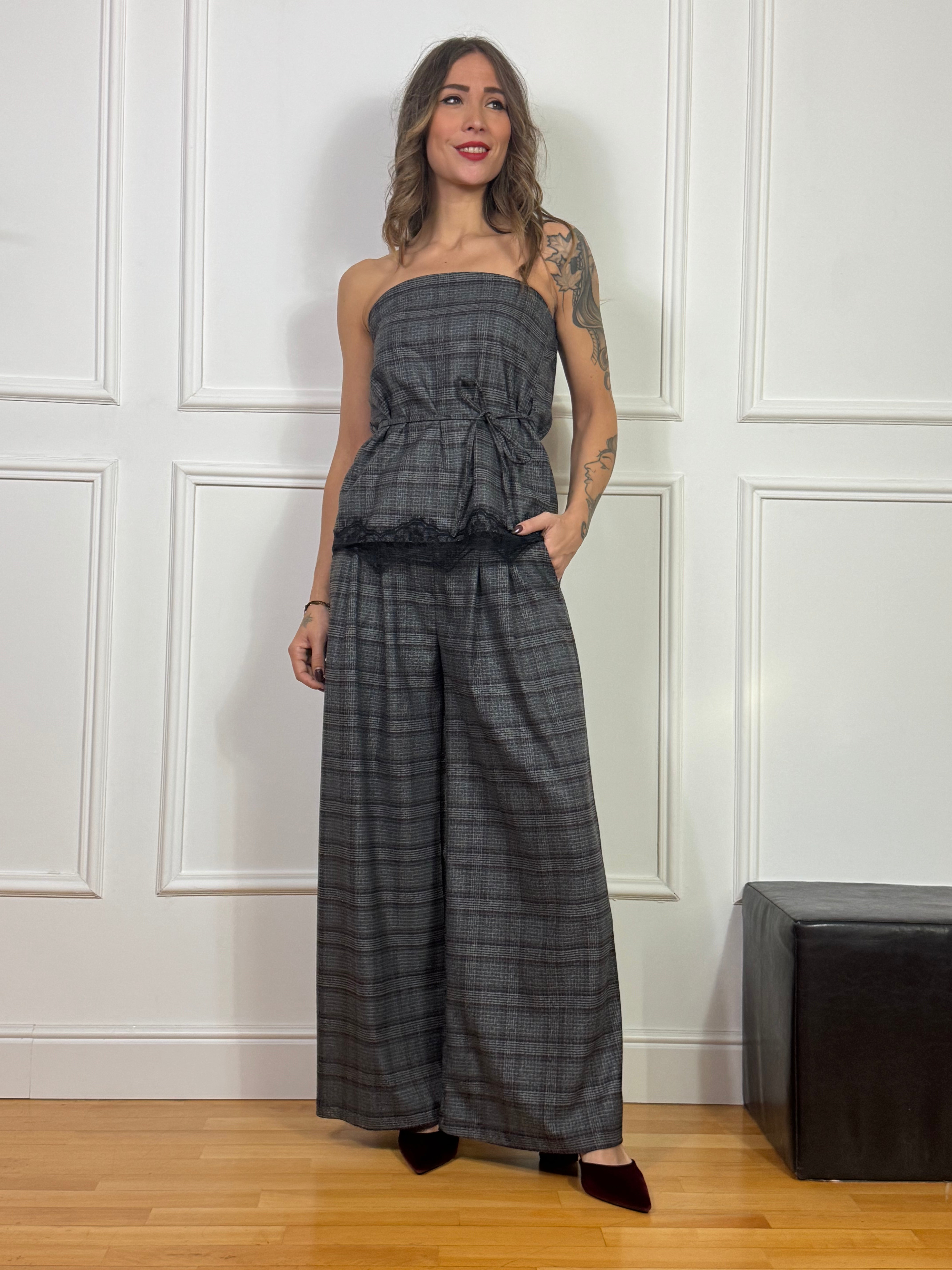 Pantalone PALAZZO ampio con pinces Susy Mix fantasia principe di Galles GRIGIO-BORDEAUX