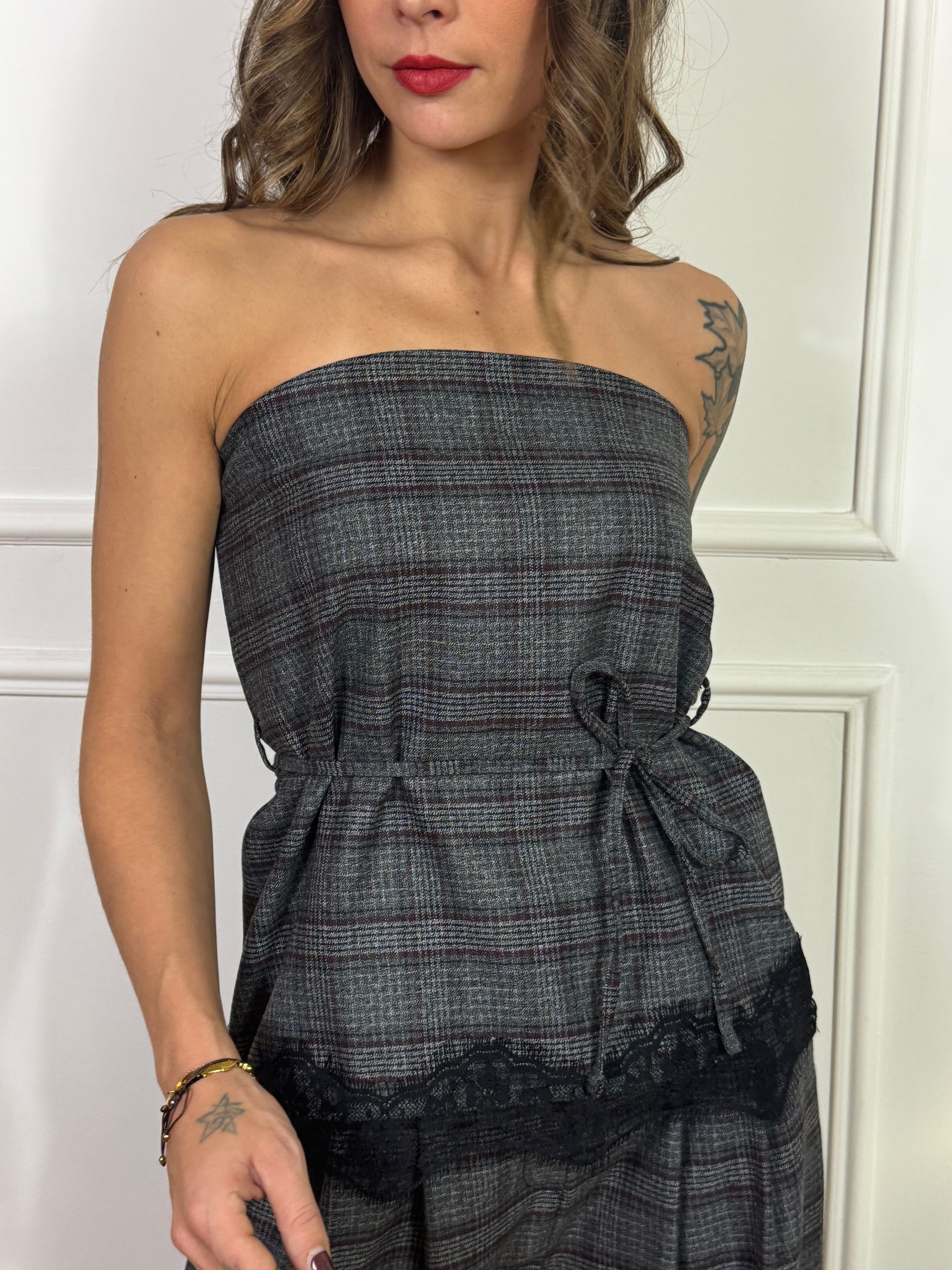 Top a fascia Susy Mix fantasia principe di Galles GRIGIO-BORDEAUX CON PIZZO