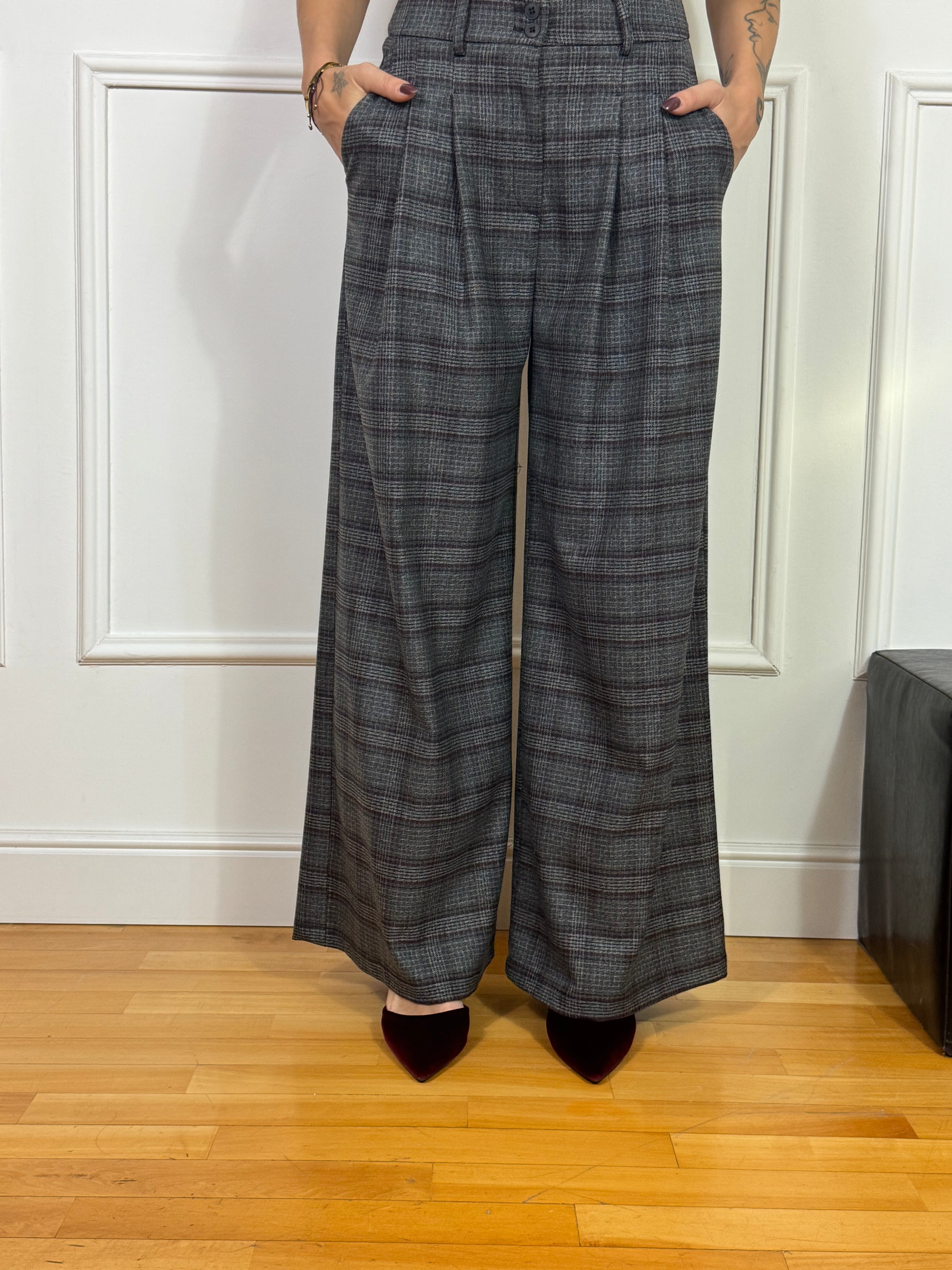 Pantalone PALAZZO ampio con pinces Susy Mix fantasia principe di Galles GRIGIO-BORDEAUX