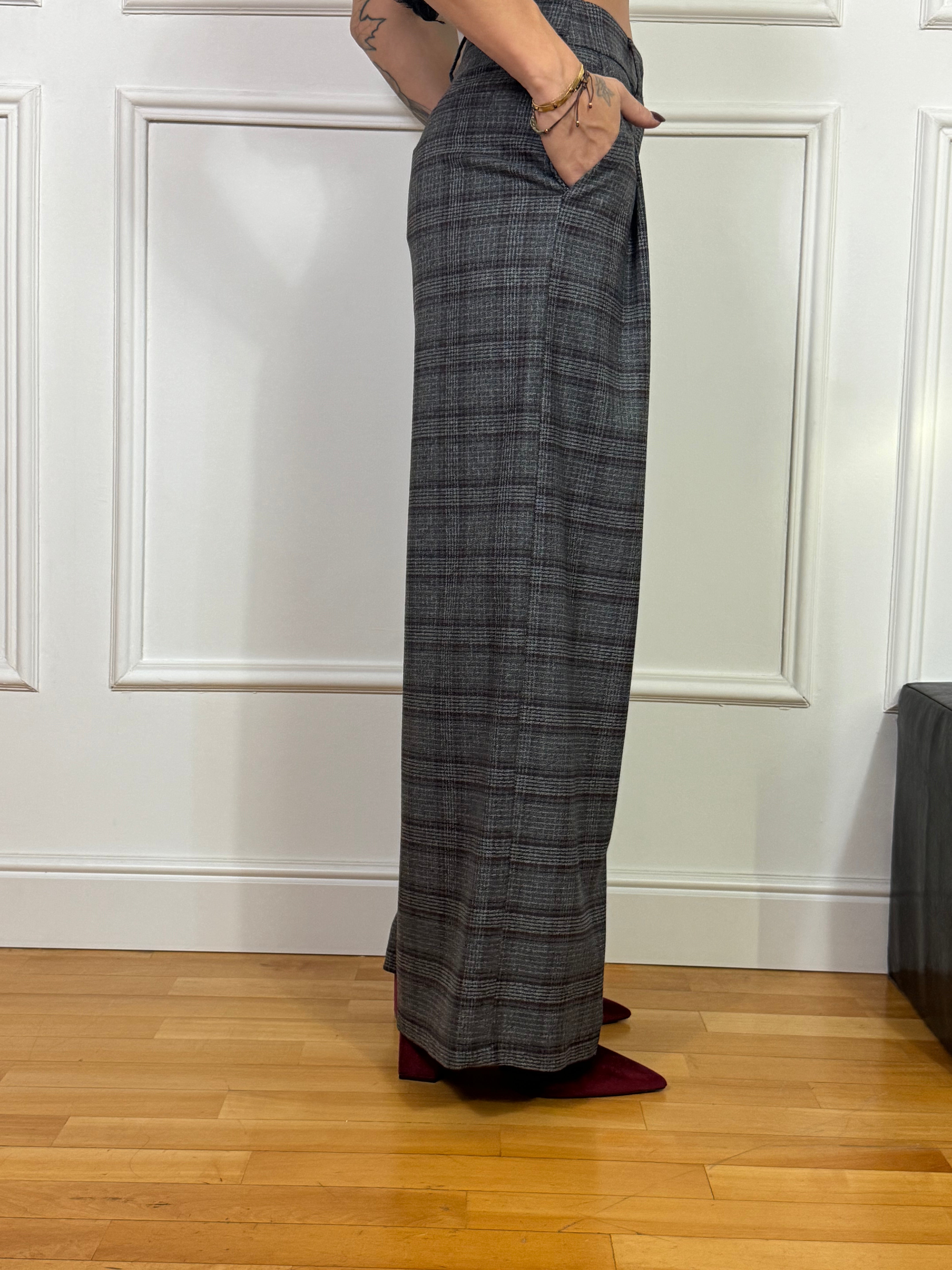 Pantalone PALAZZO ampio con pinces Susy Mix fantasia principe di Galles GRIGIO-BORDEAUX