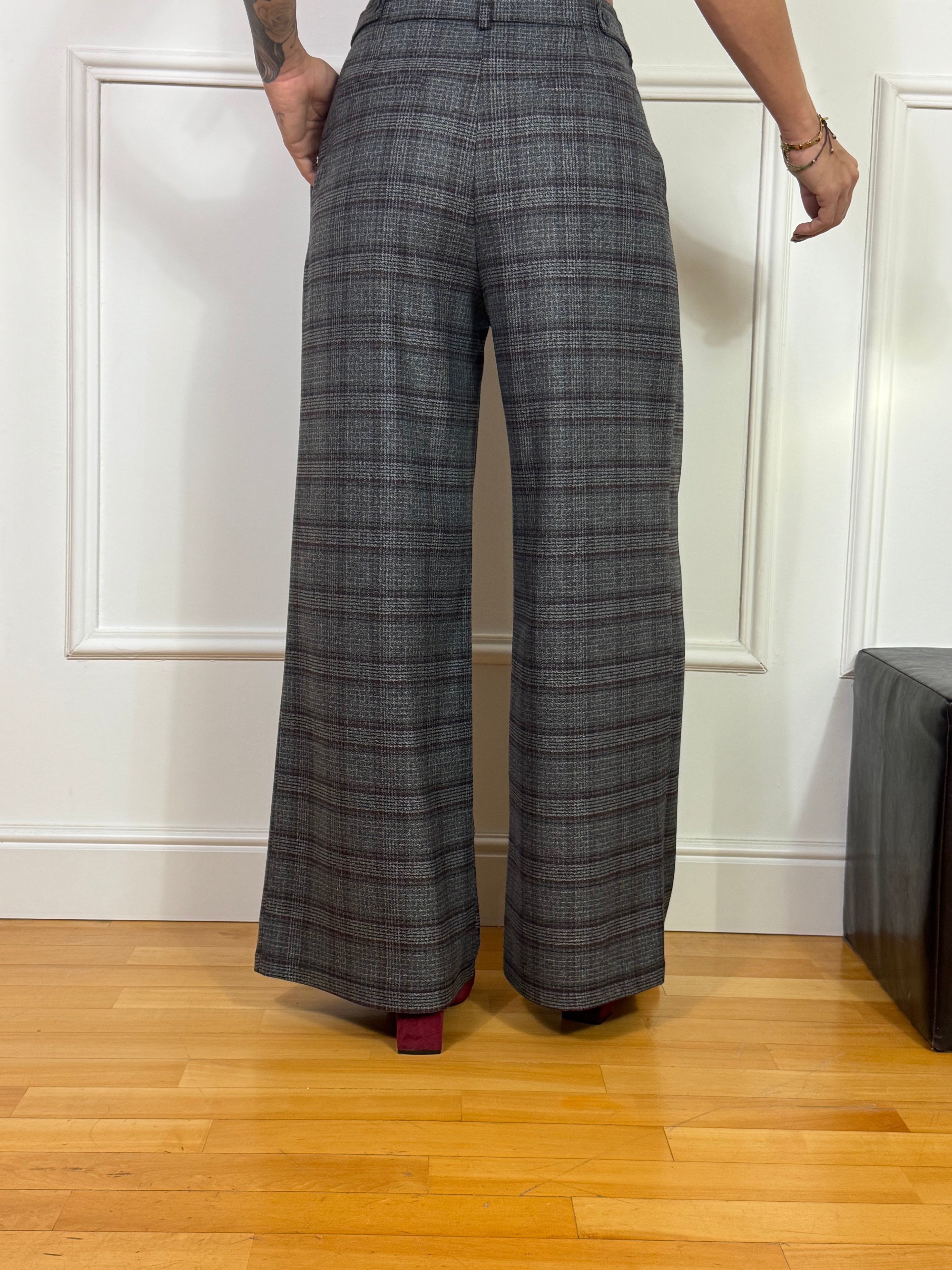 Pantalone PALAZZO ampio con pinces Susy Mix fantasia principe di Galles GRIGIO-BORDEAUX