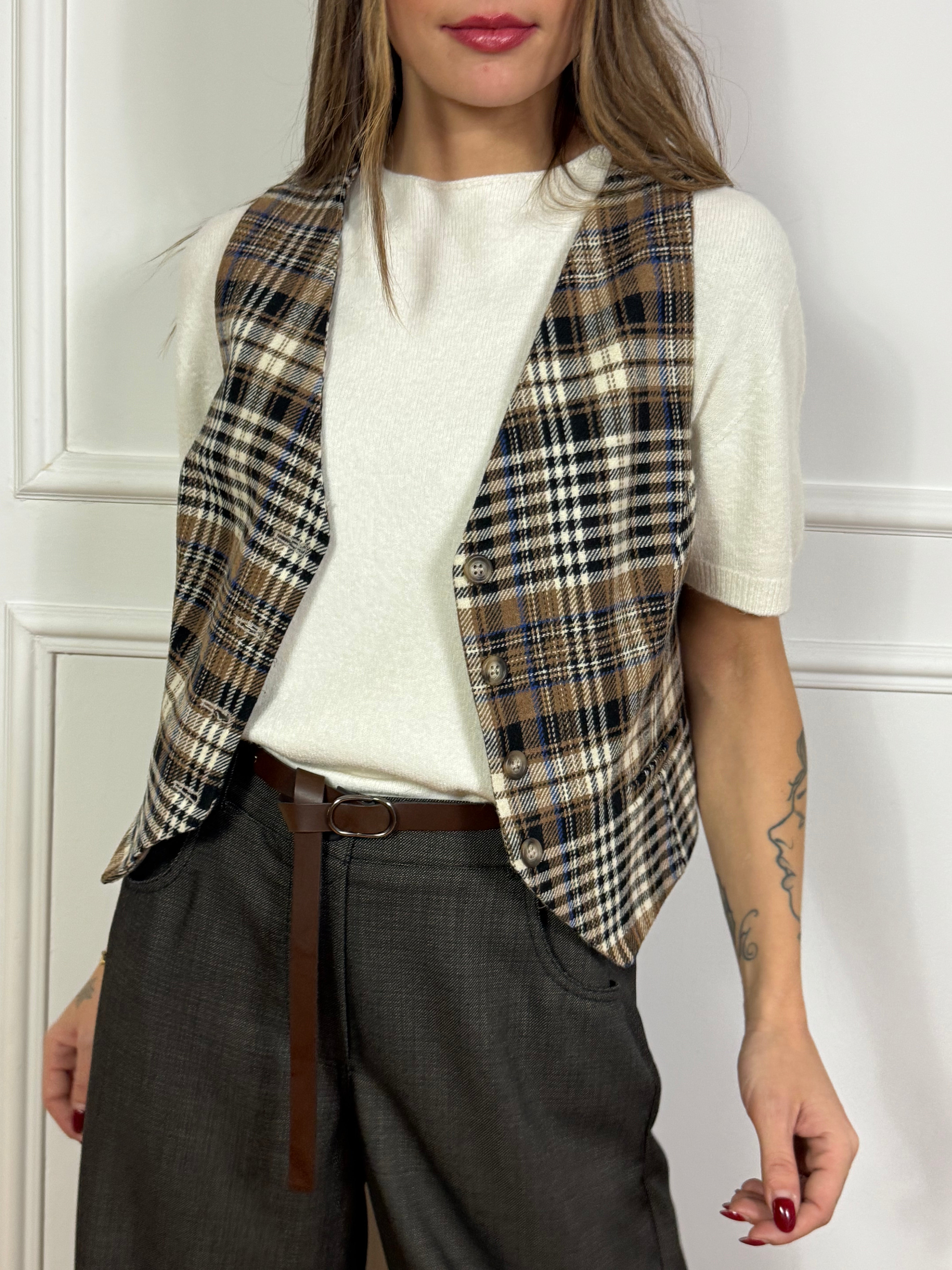 Gilet Tensione In fantasia scozzese beige-blu