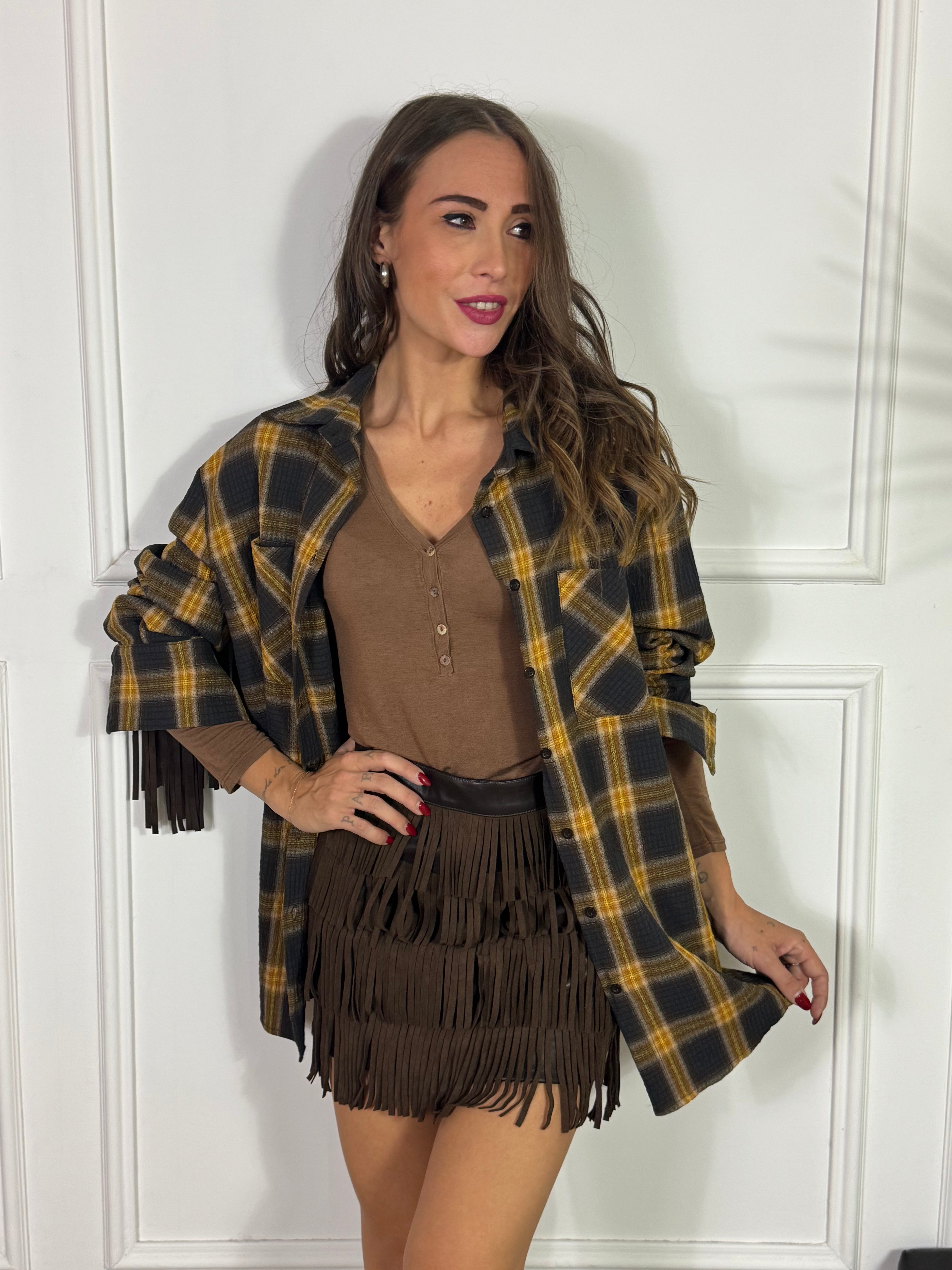 Maxi camicia SCOZZESE SENAPE-MORO Victoria ILMH con frange schiena