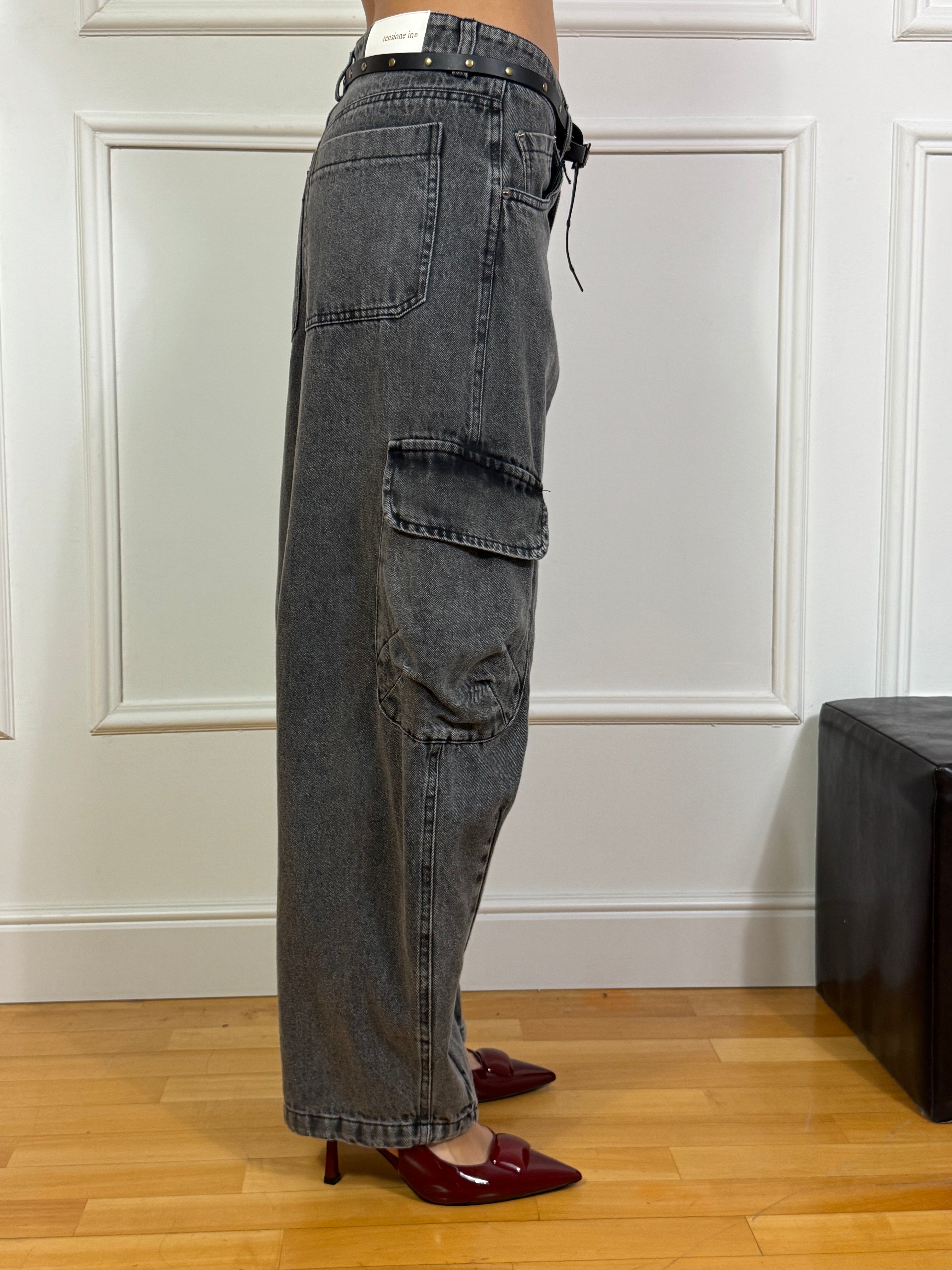 Jeans Tensione In FERRO DI CAVALLO CARGO - lavaggio NERO DELAVE'