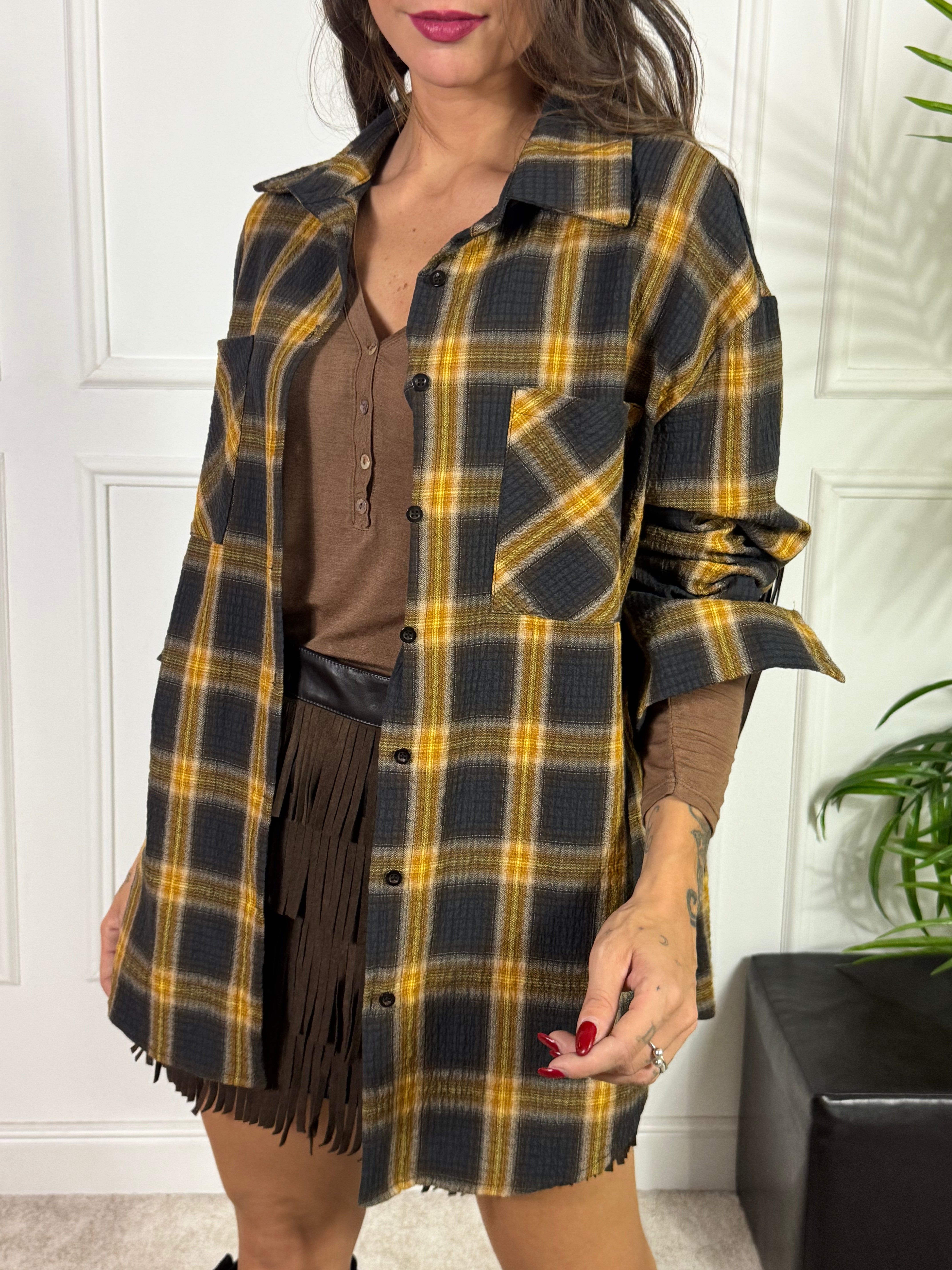 Maxi camicia SCOZZESE SENAPE-MORO Victoria ILMH con frange schiena
