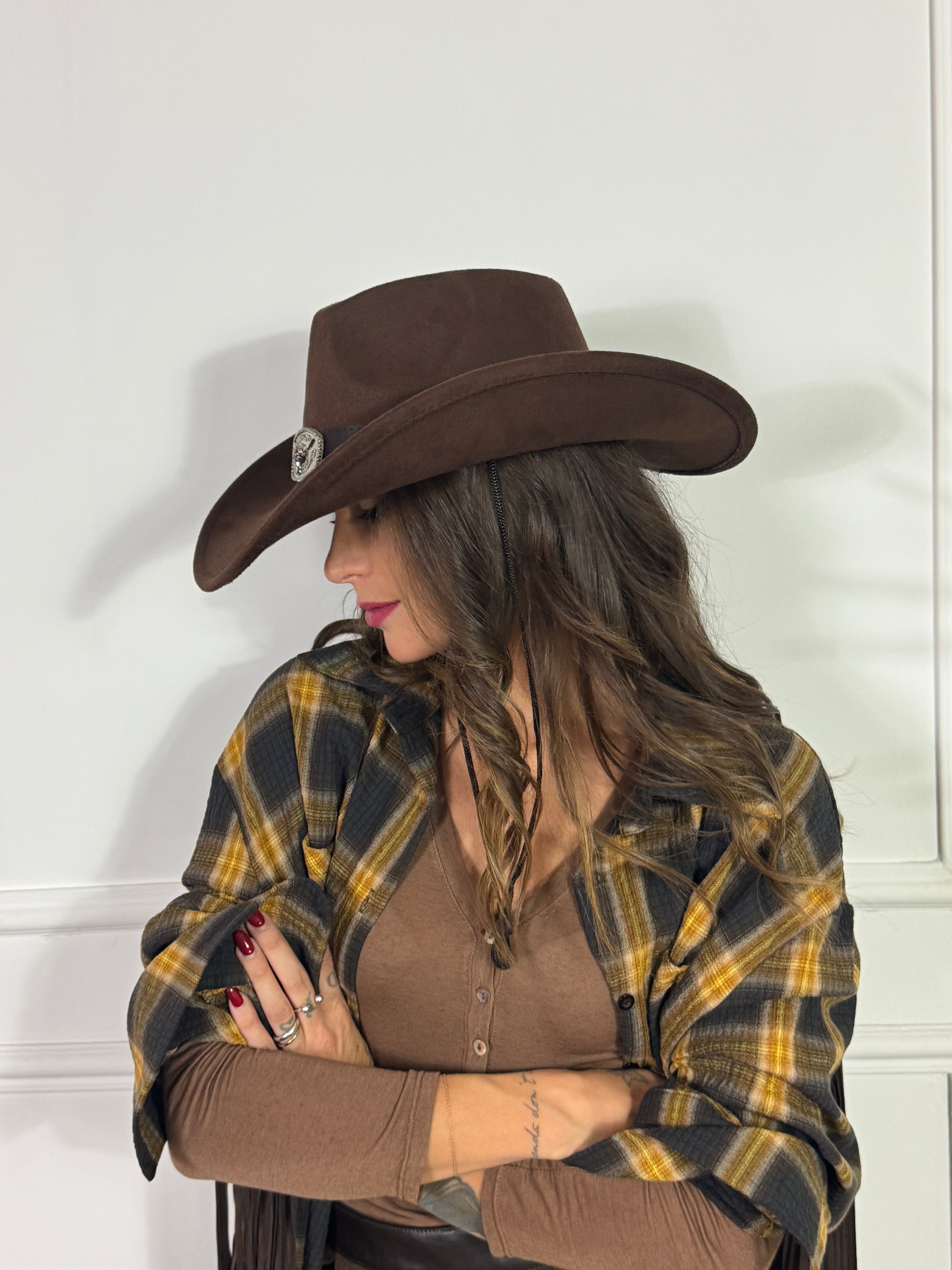 Cappello texano scamosciato MORO fibbia applicazioni buffalo
