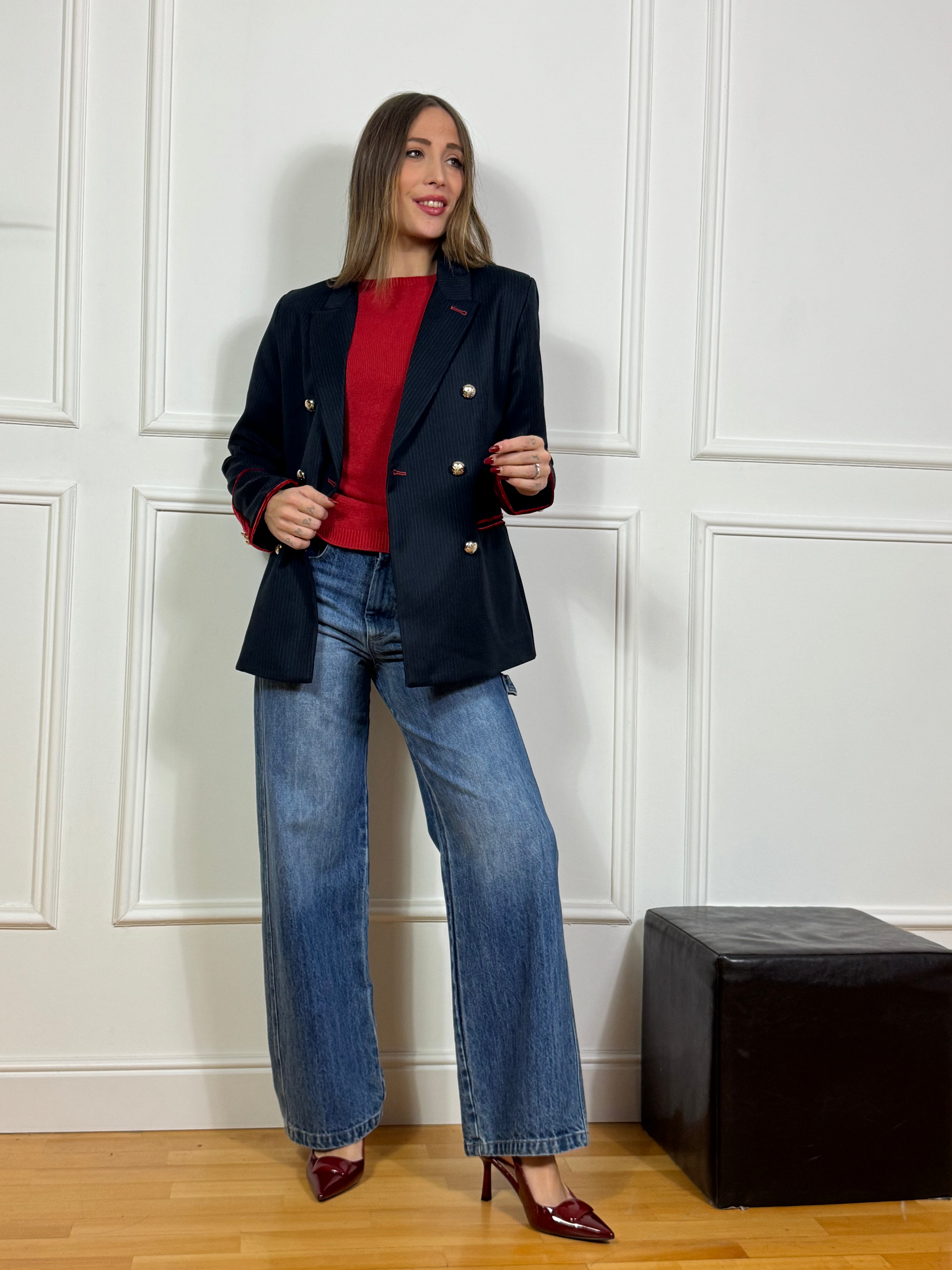 Giacca blazer doppiopetto Tensione In gessato blu con inserti in velluto