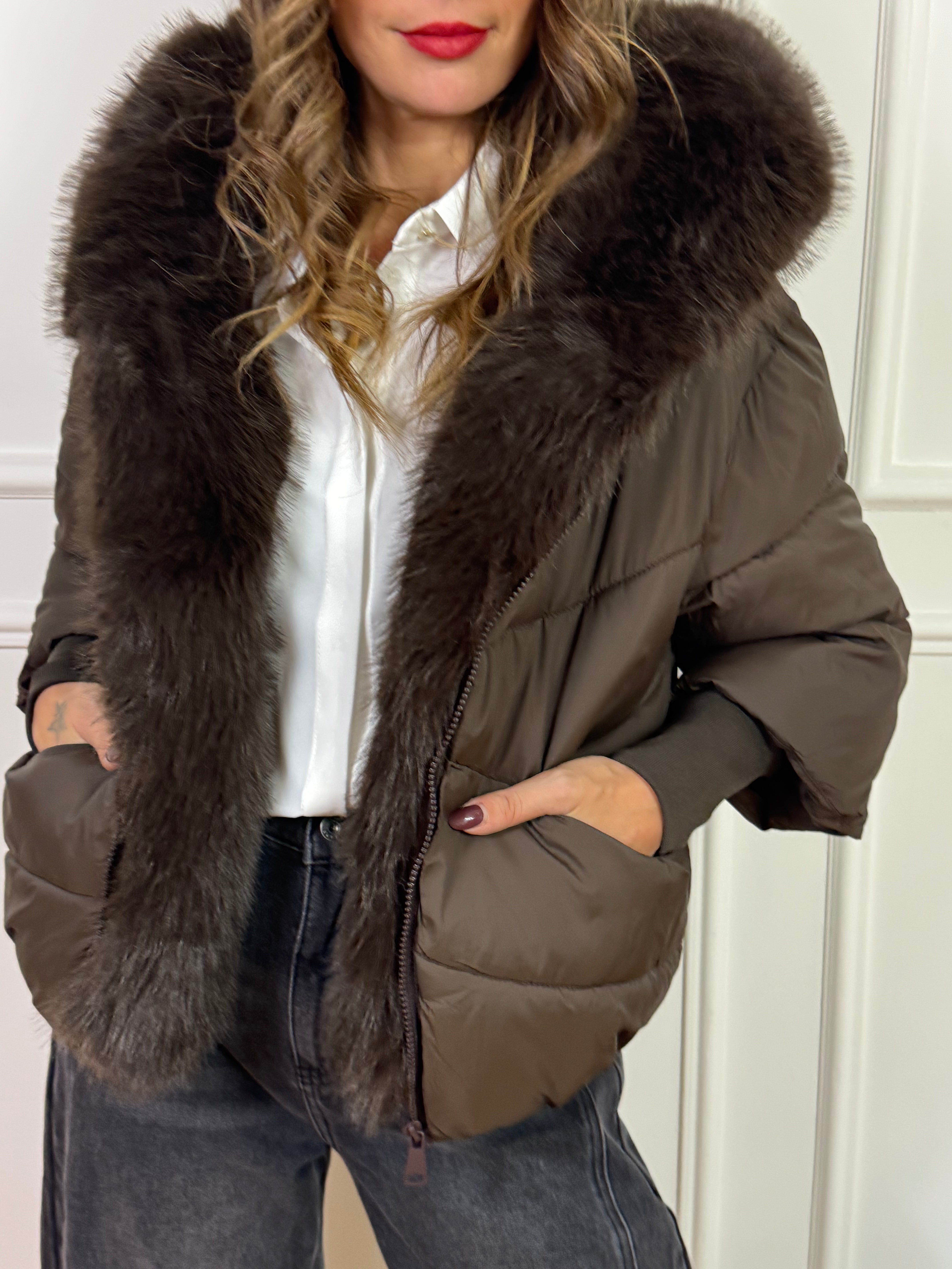 Giacca piumino bomber con cappuccio SUSY MIX con inserto ecopelliccia removibile