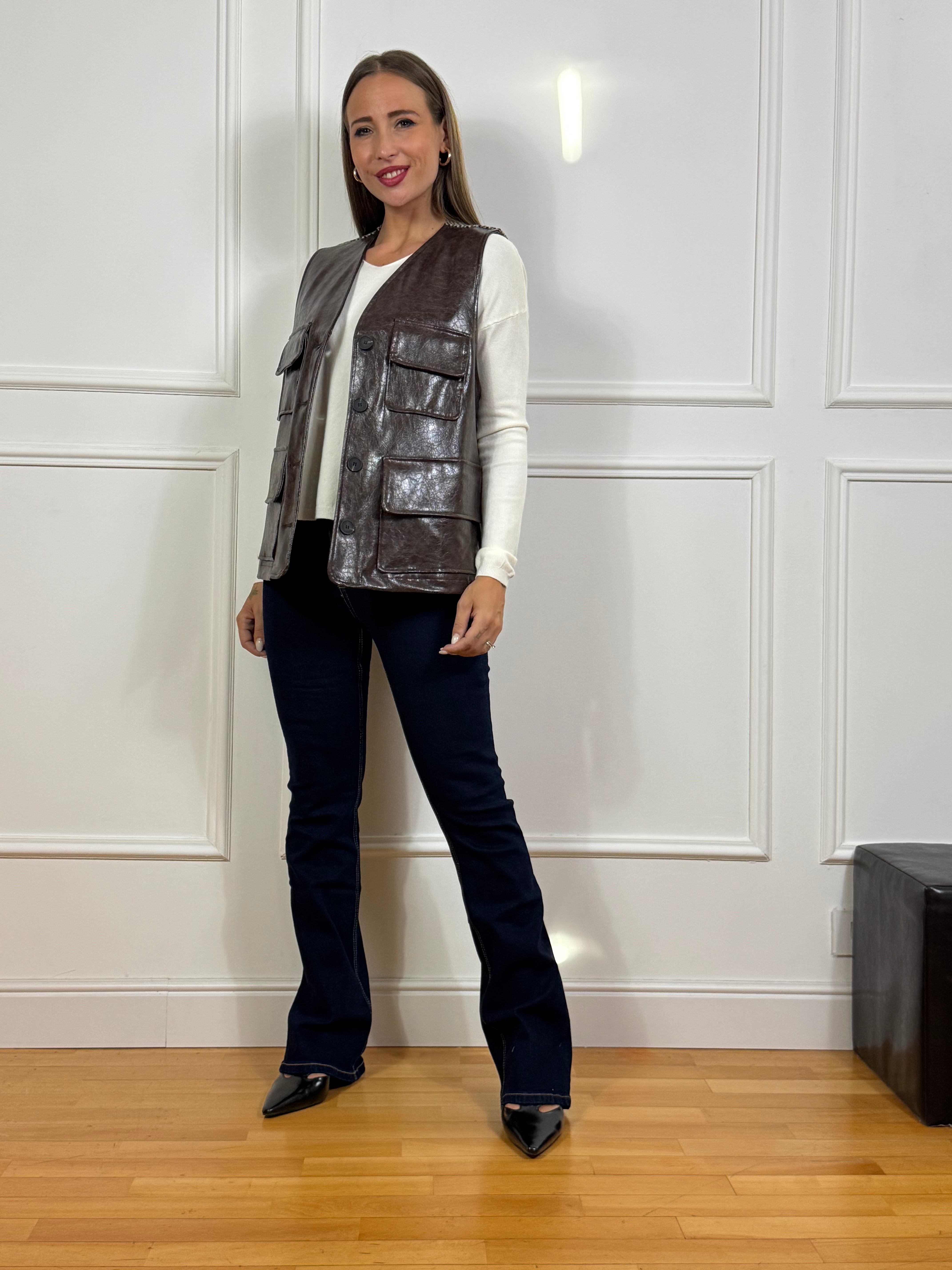 Gilet OVER Victoria ILMH bimateriale ECOPELLE - MICRO PIED-DE-POULE