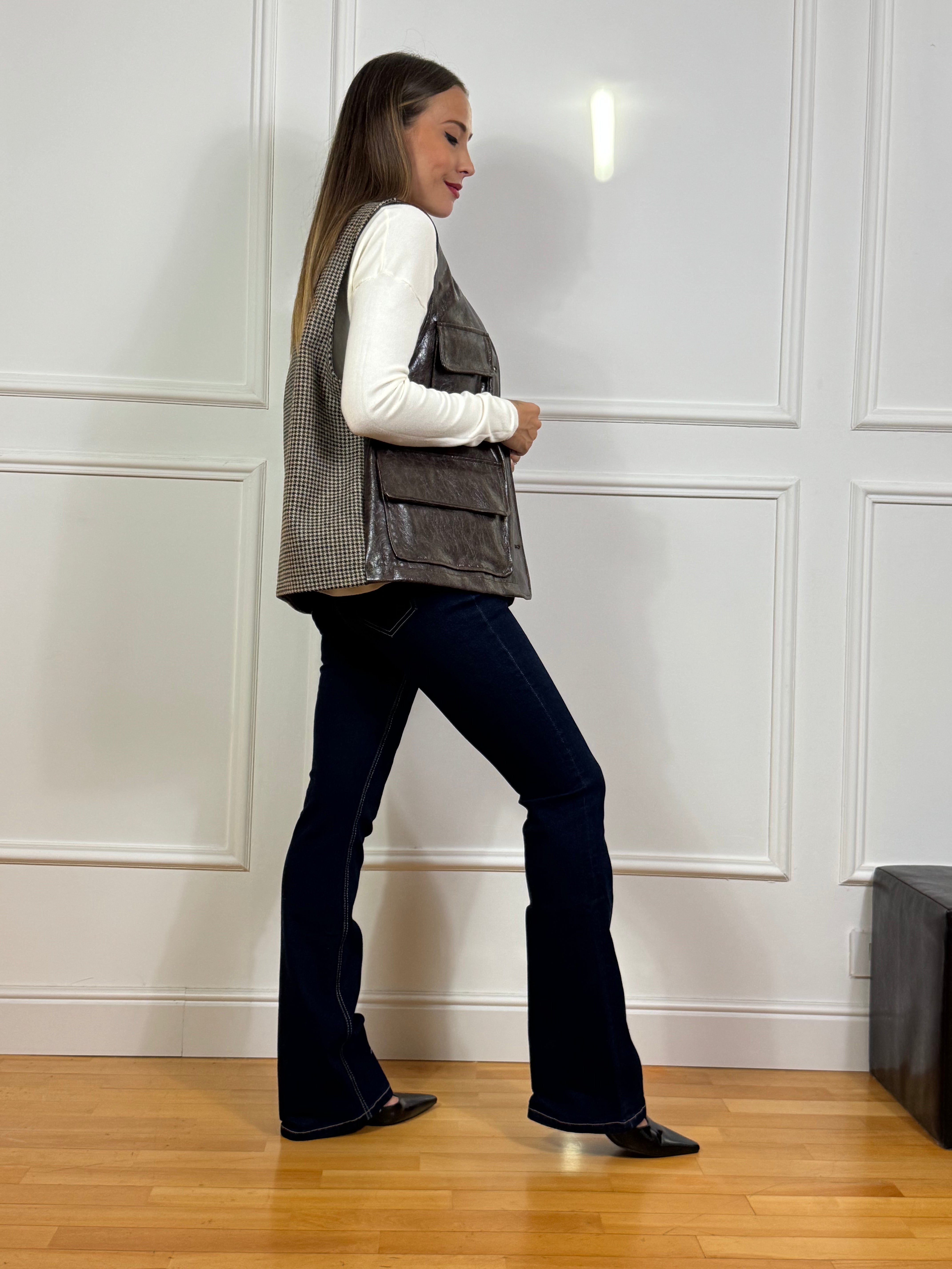 Gilet OVER Victoria ILMH bimateriale ECOPELLE - MICRO PIED-DE-POULE