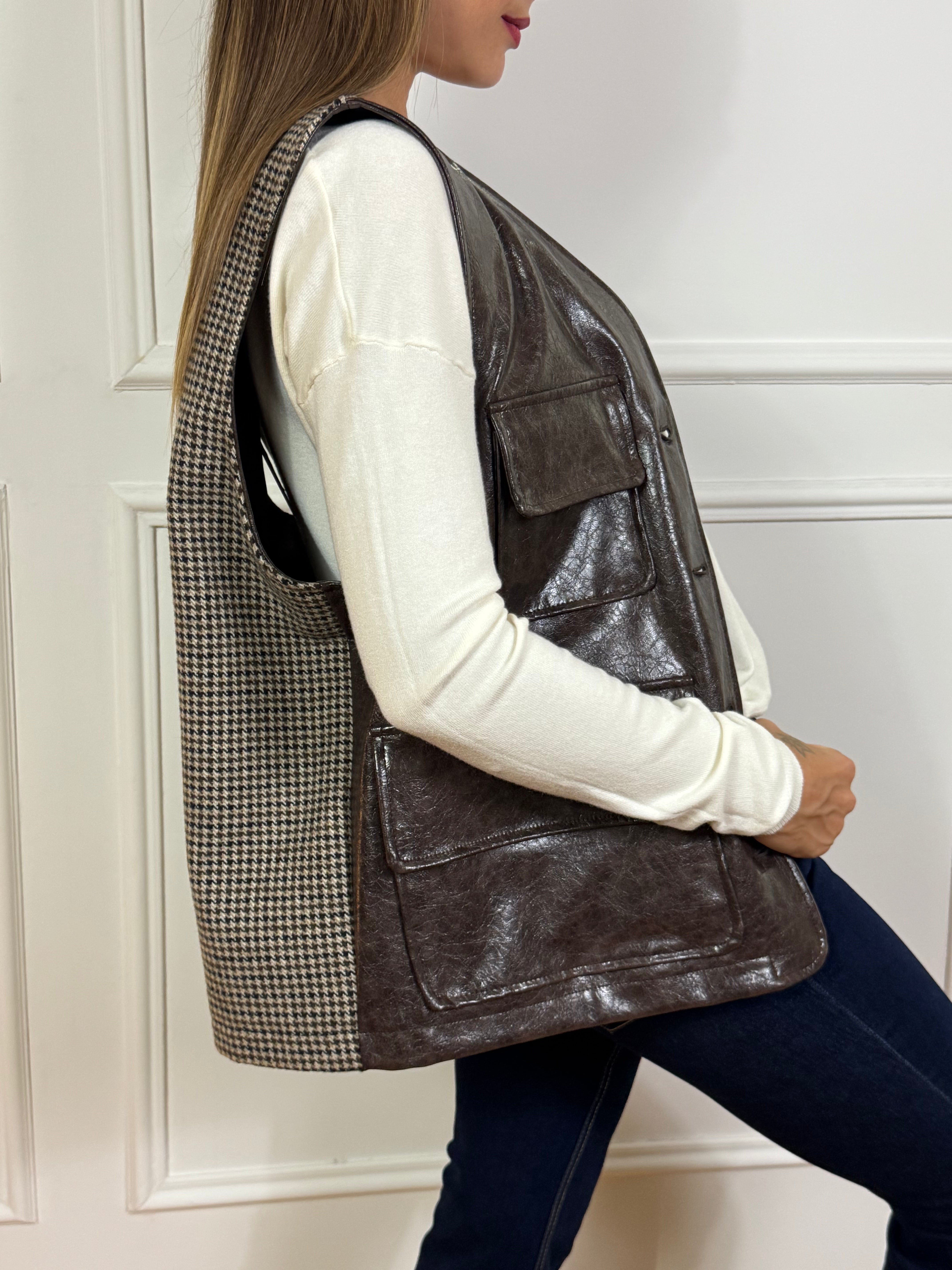 Gilet OVER Victoria ILMH bimateriale ECOPELLE - MICRO PIED-DE-POULE