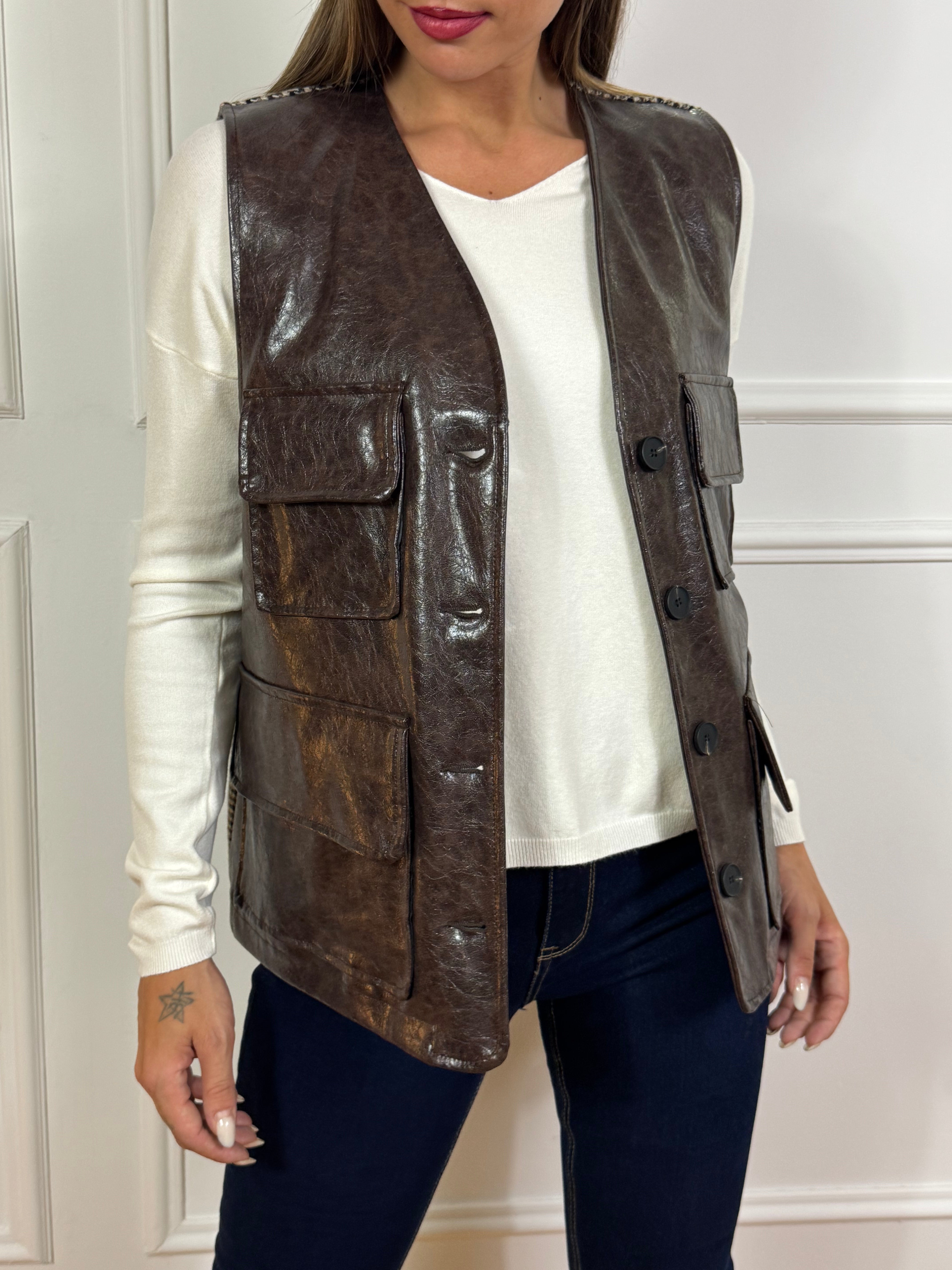 Gilet OVER Victoria ILMH bimateriale ECOPELLE - MICRO PIED-DE-POULE