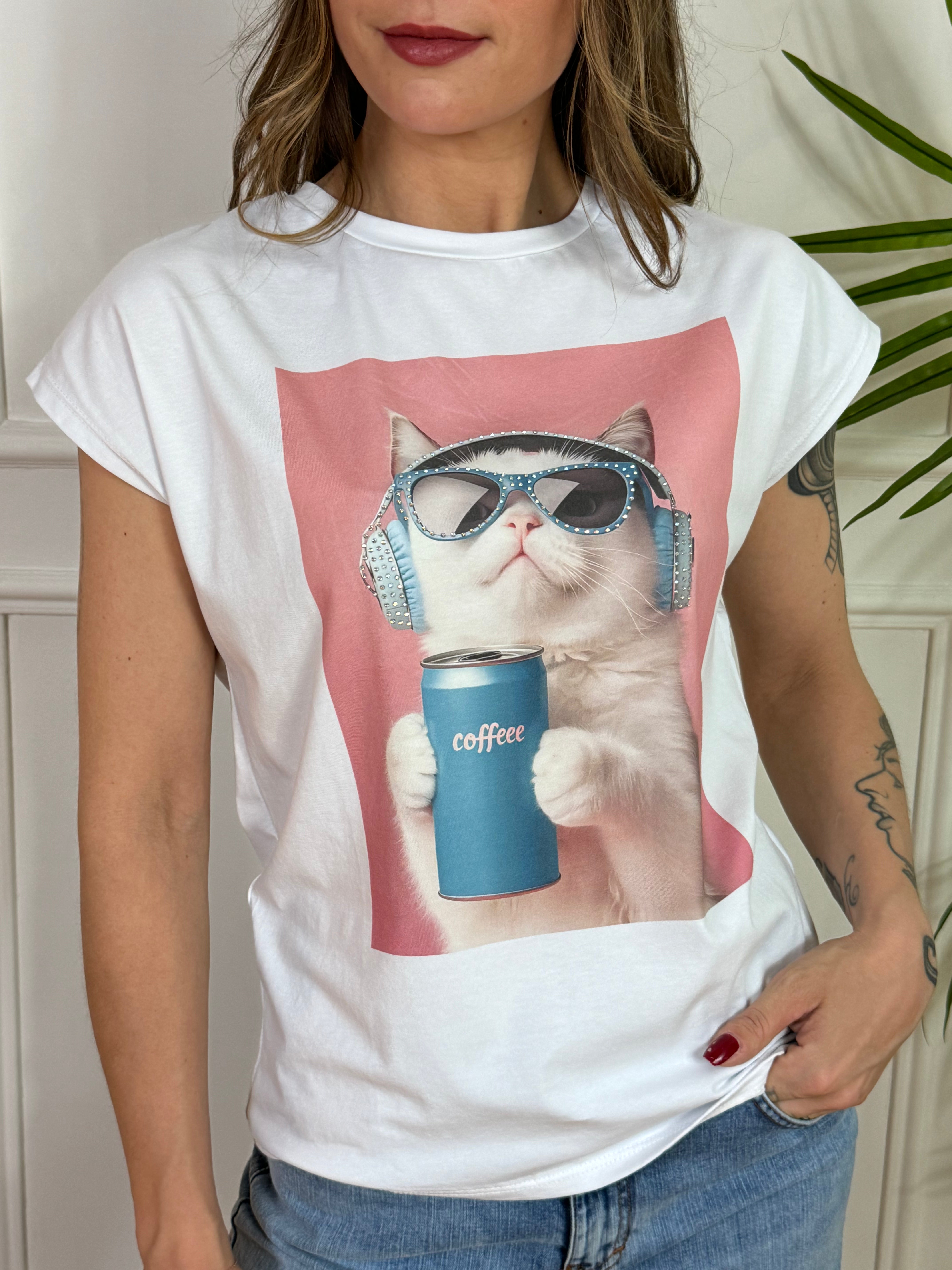 Maglia t-shirt Susy Mix stampa con strass GATTO CON OCCHIALI