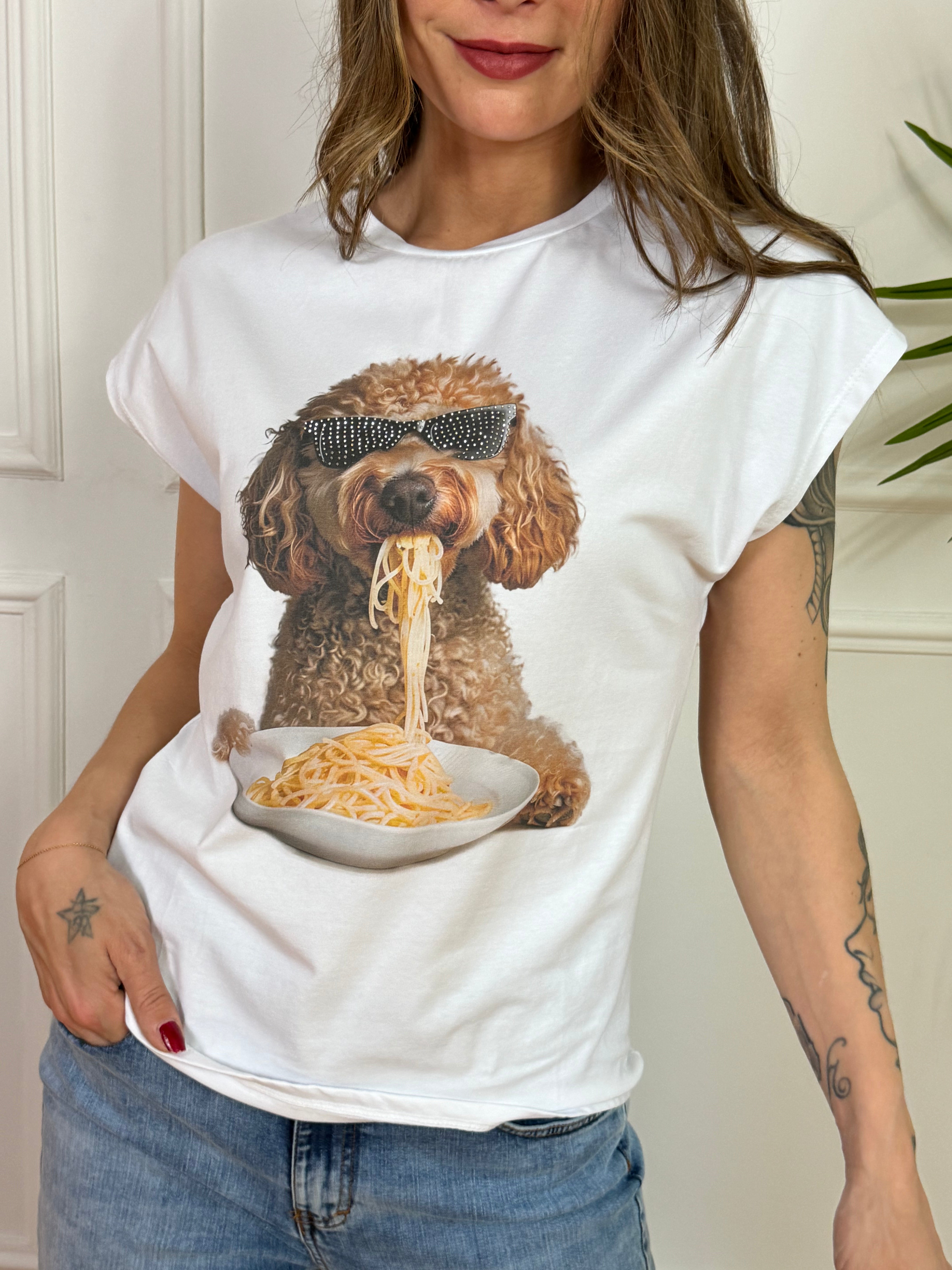 Maglia t-shirt Susy Mix stampa con strass CANE CON SPAGHETTI