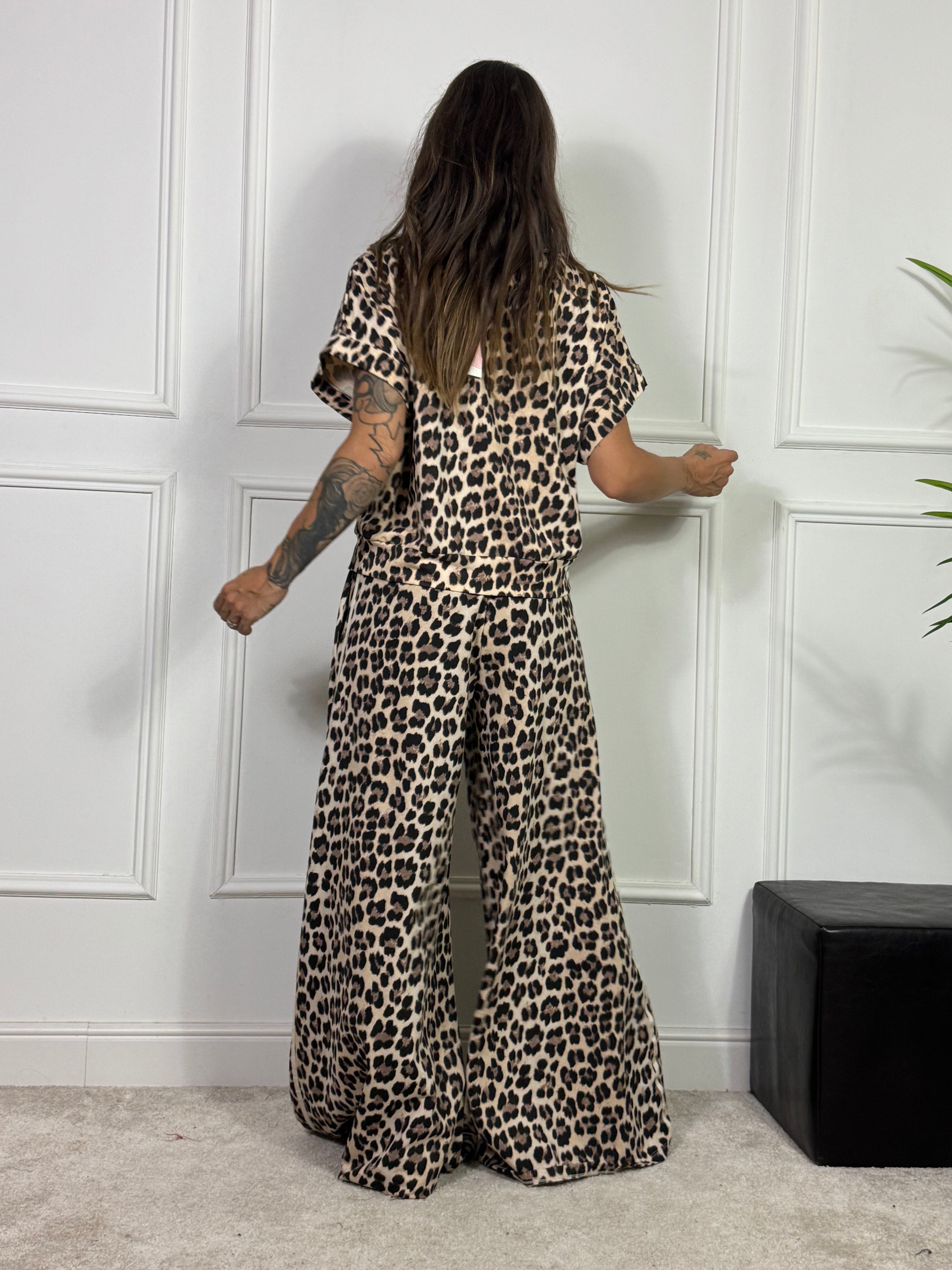 PANTALONE GARZATO PALAZZO  Victoria ILMH LEOPARDATO BANDE LATERALI