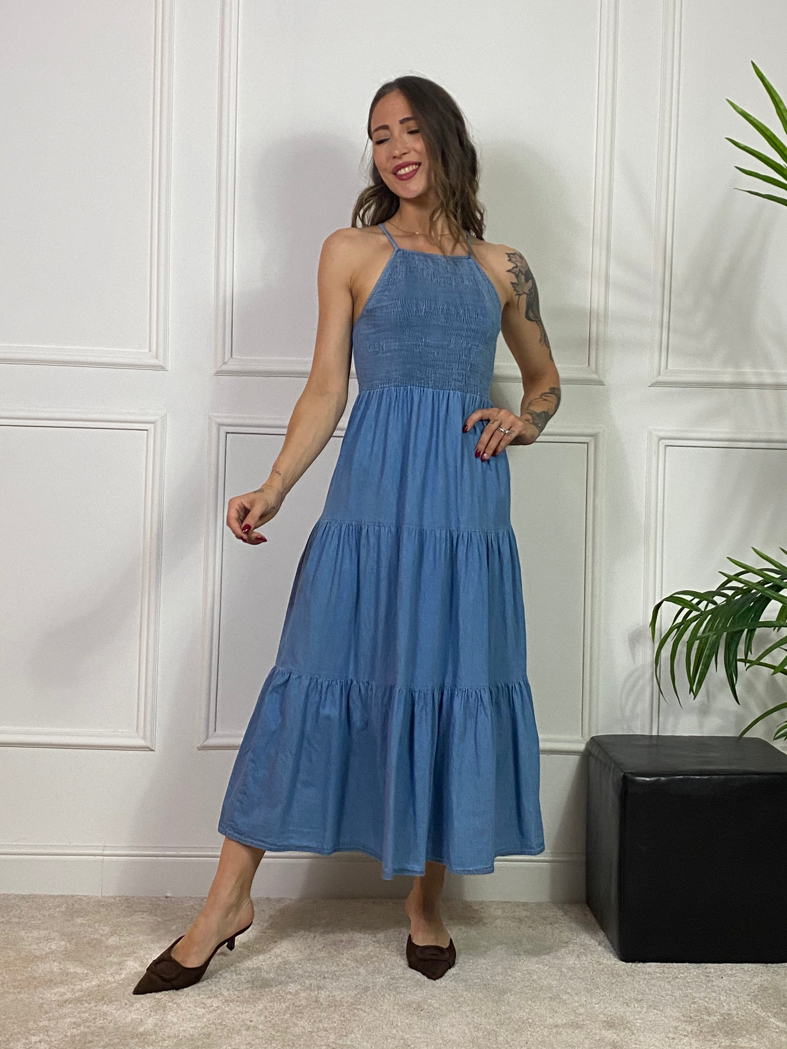 Abito lungo chambray Kikisix NIDO D'APE E BRETELLE INCROCIATE