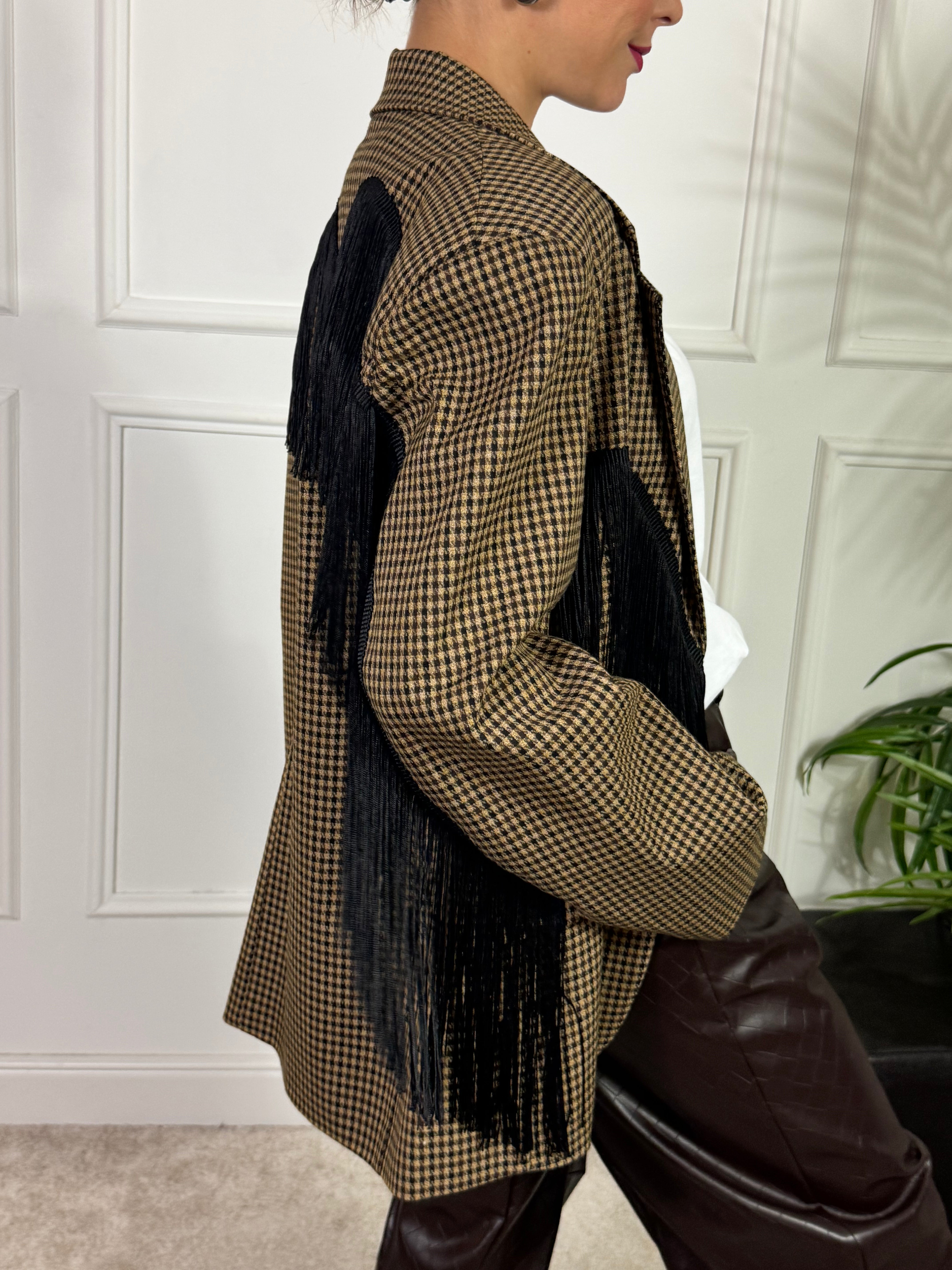 Giacca blazer Victoria ILMH checked beige-moro-nero con frange