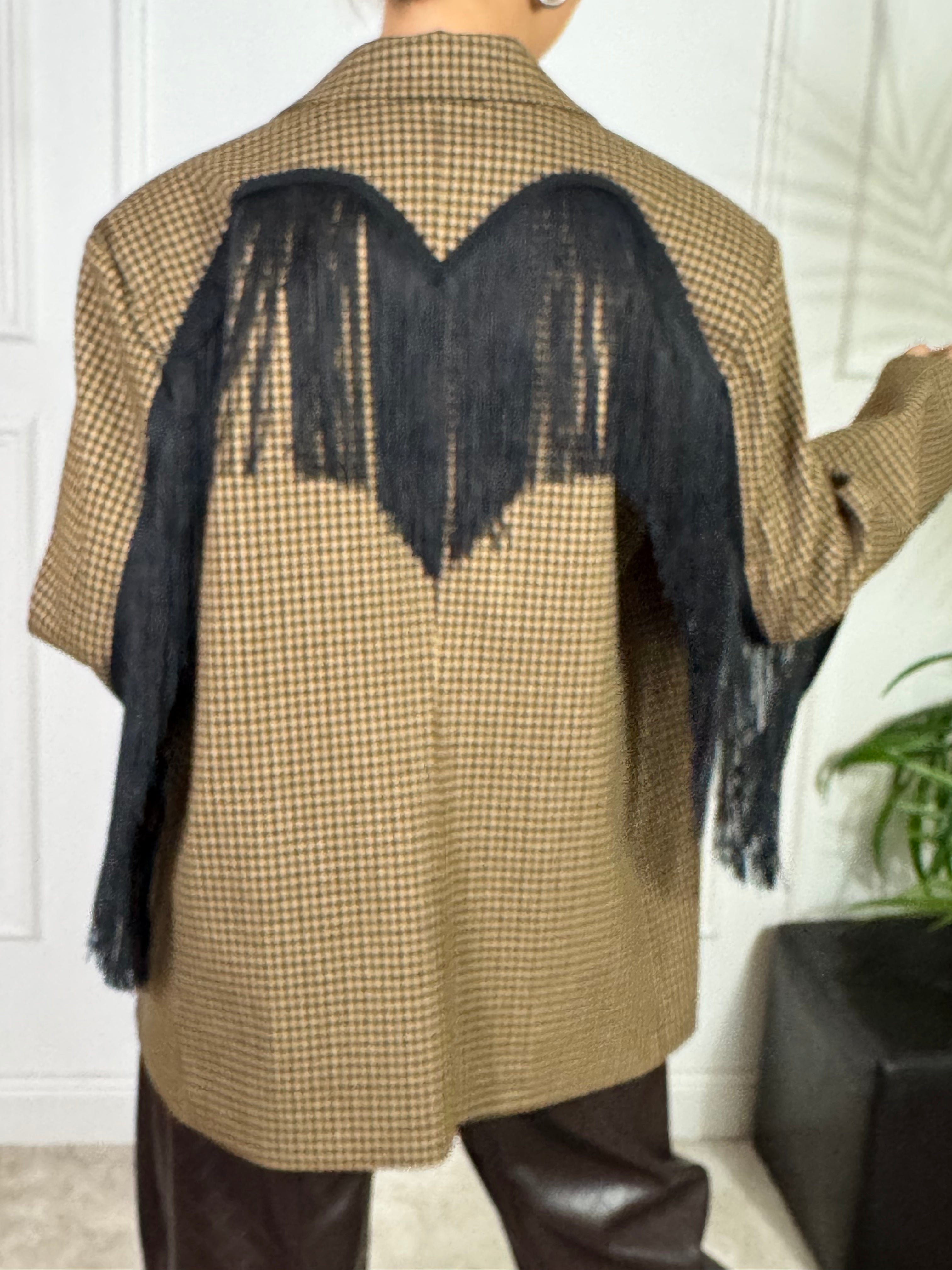 Giacca blazer Victoria ILMH checked beige-moro-nero con frange