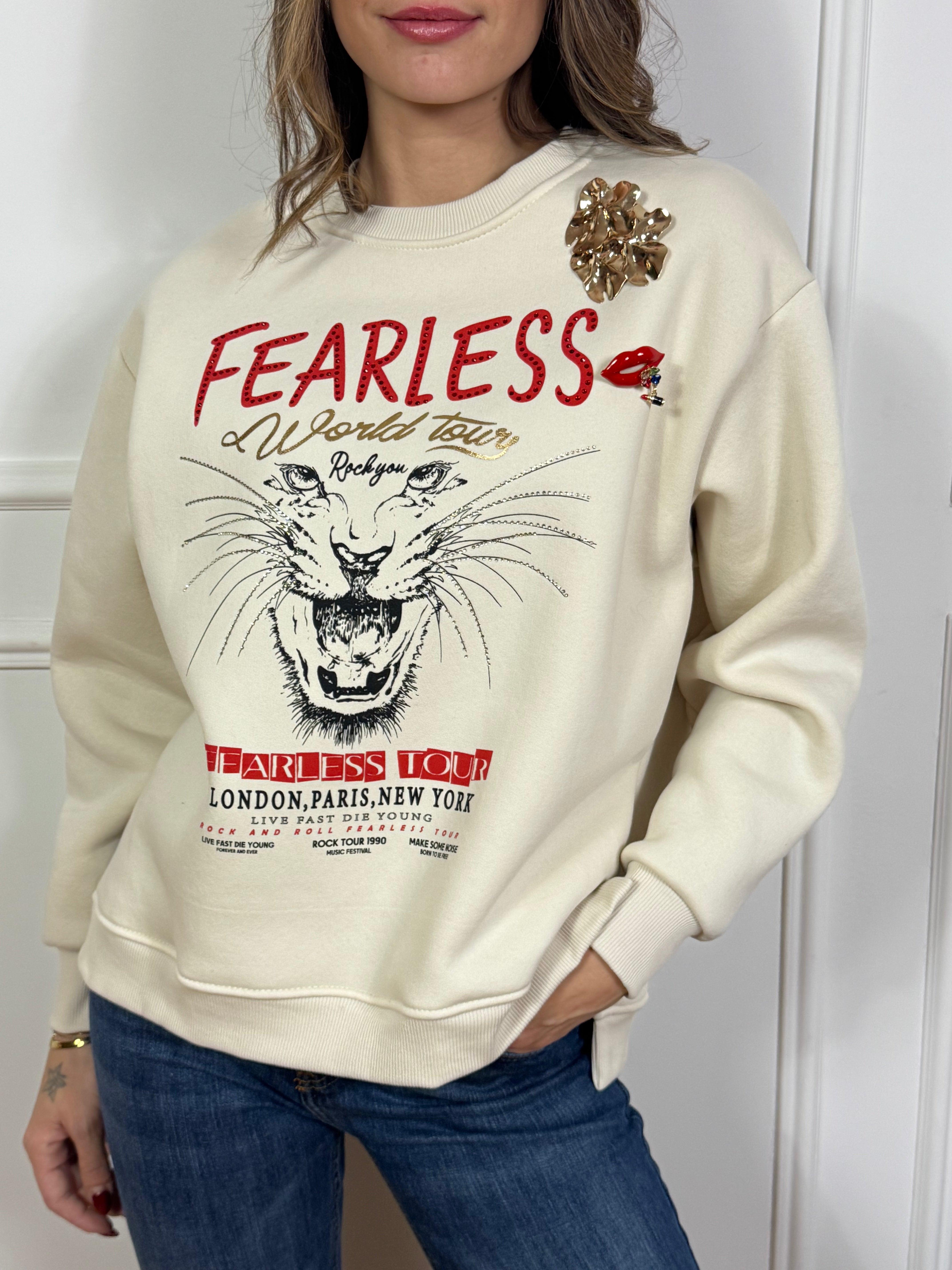 Felpa girocollo Susy Mix con stampa TIGRE applicazioni spille FEARLESS