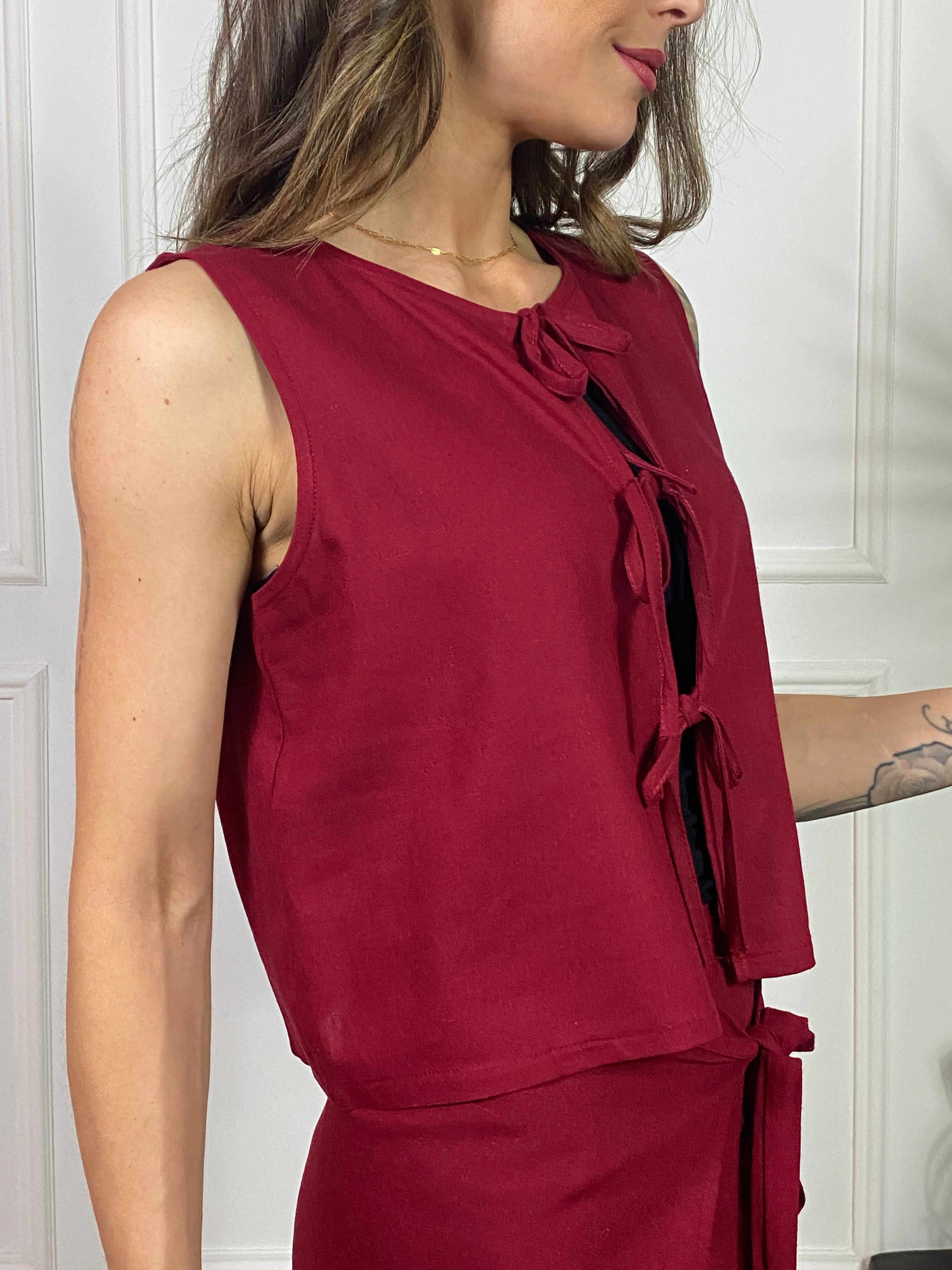 GILET CON LACCETTI LINO VISCOSA KIKISIX TINTA UNITA
