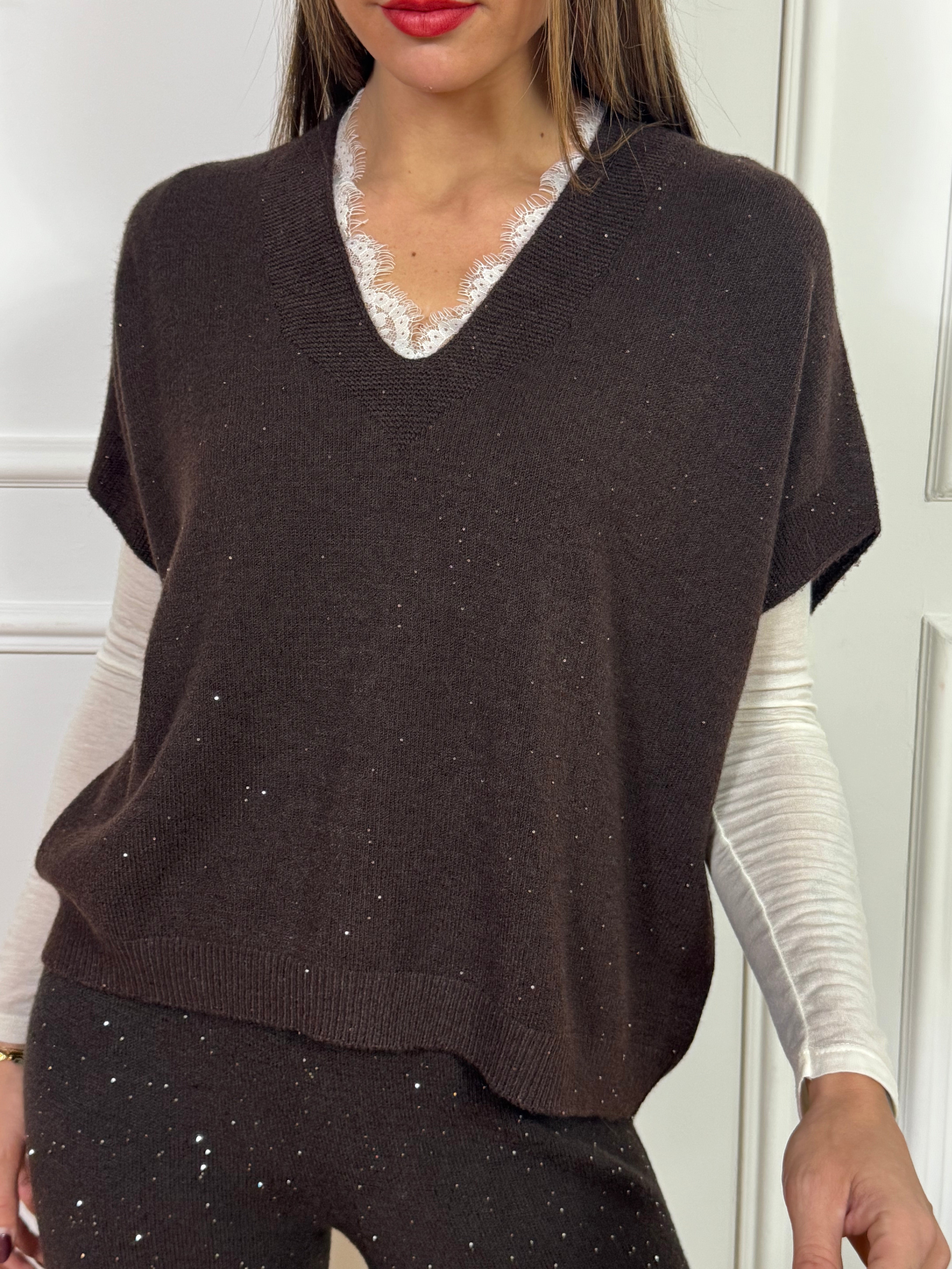 Gilet chiuso / Maglia scollo V spalla scesa MANICA CORTA Susy Mix con MICROPAILLETTES