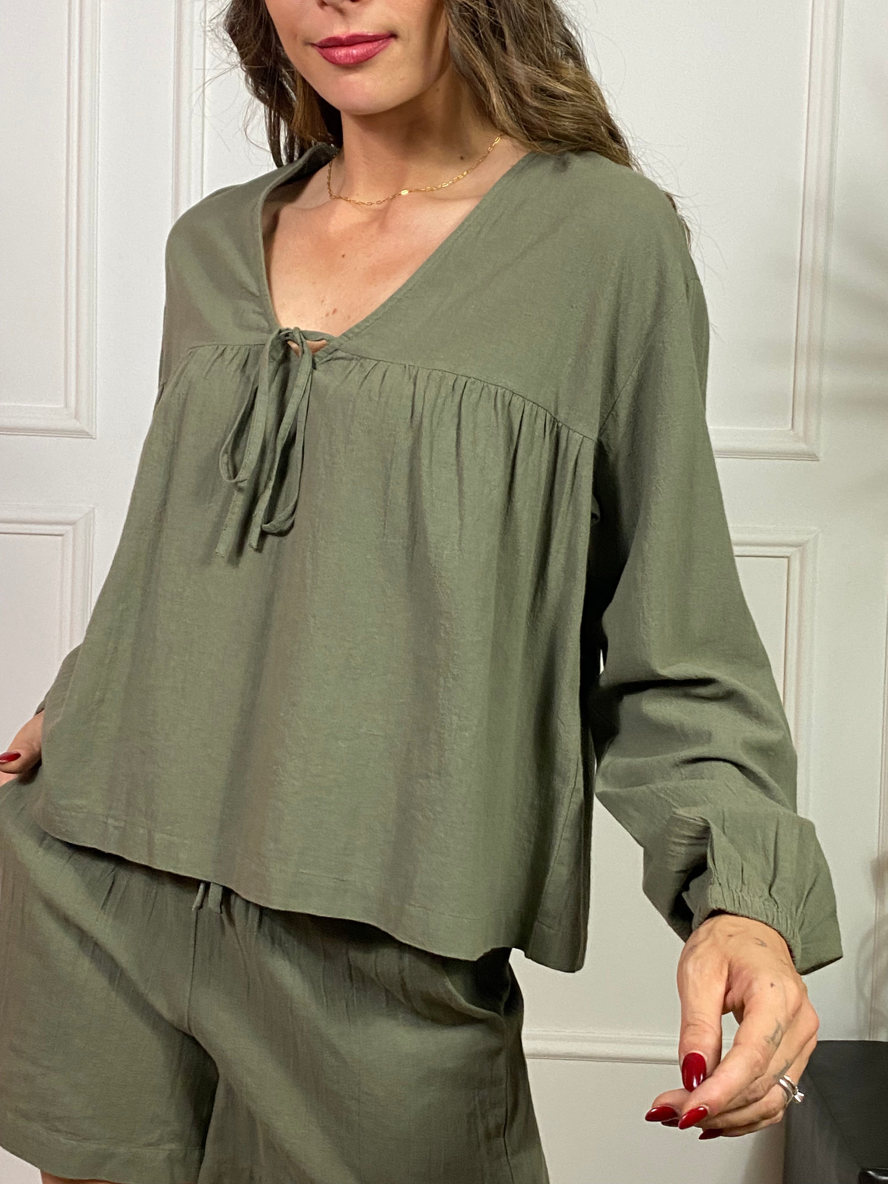 Blusa casacca in cotone organico JJXX modello KIA - scollo con laccetto