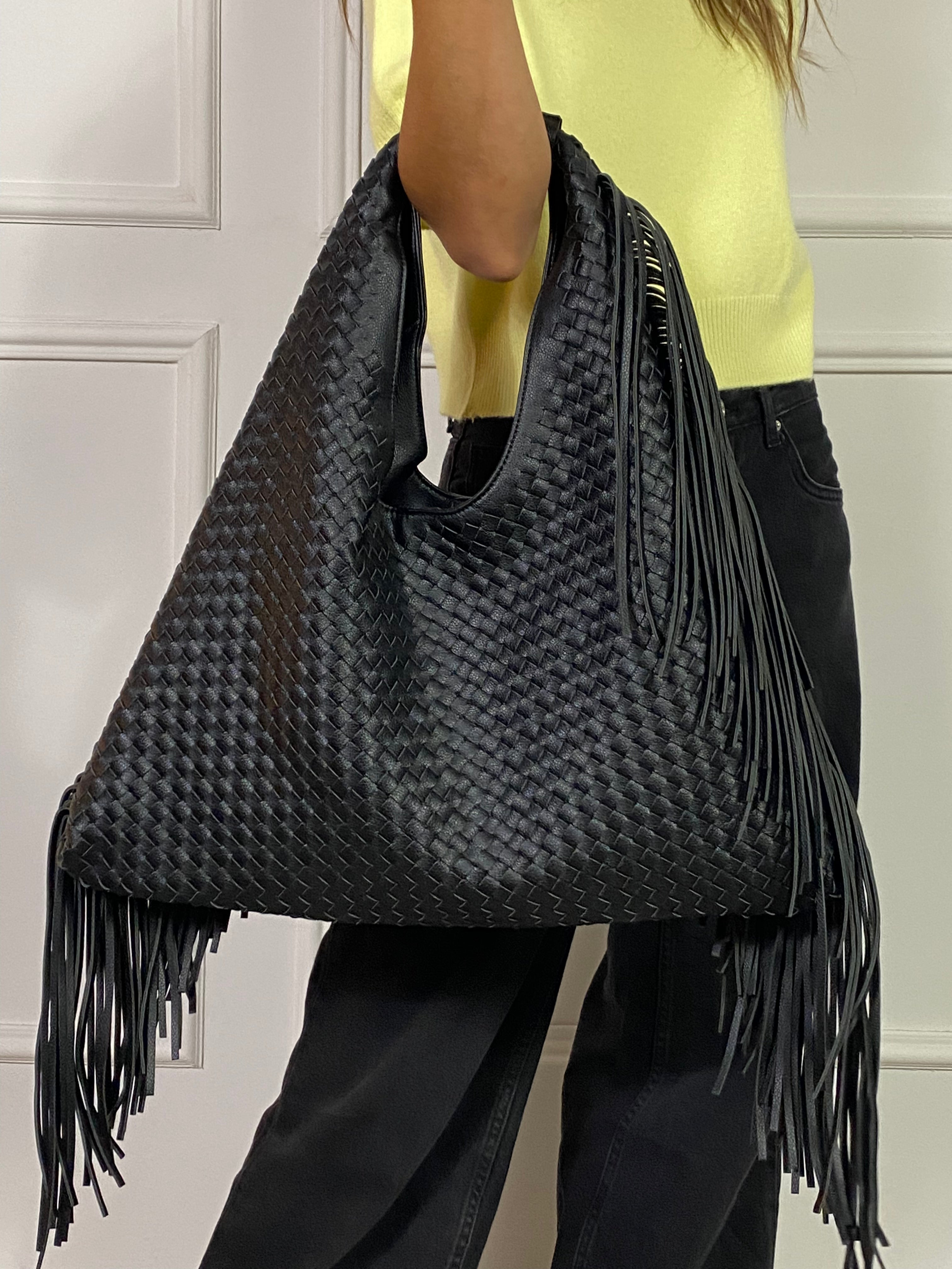 Borsa Manila Grace SHOULDER BAG - ECOPELLE INTRECCIATA CON FRANGE LATERALI