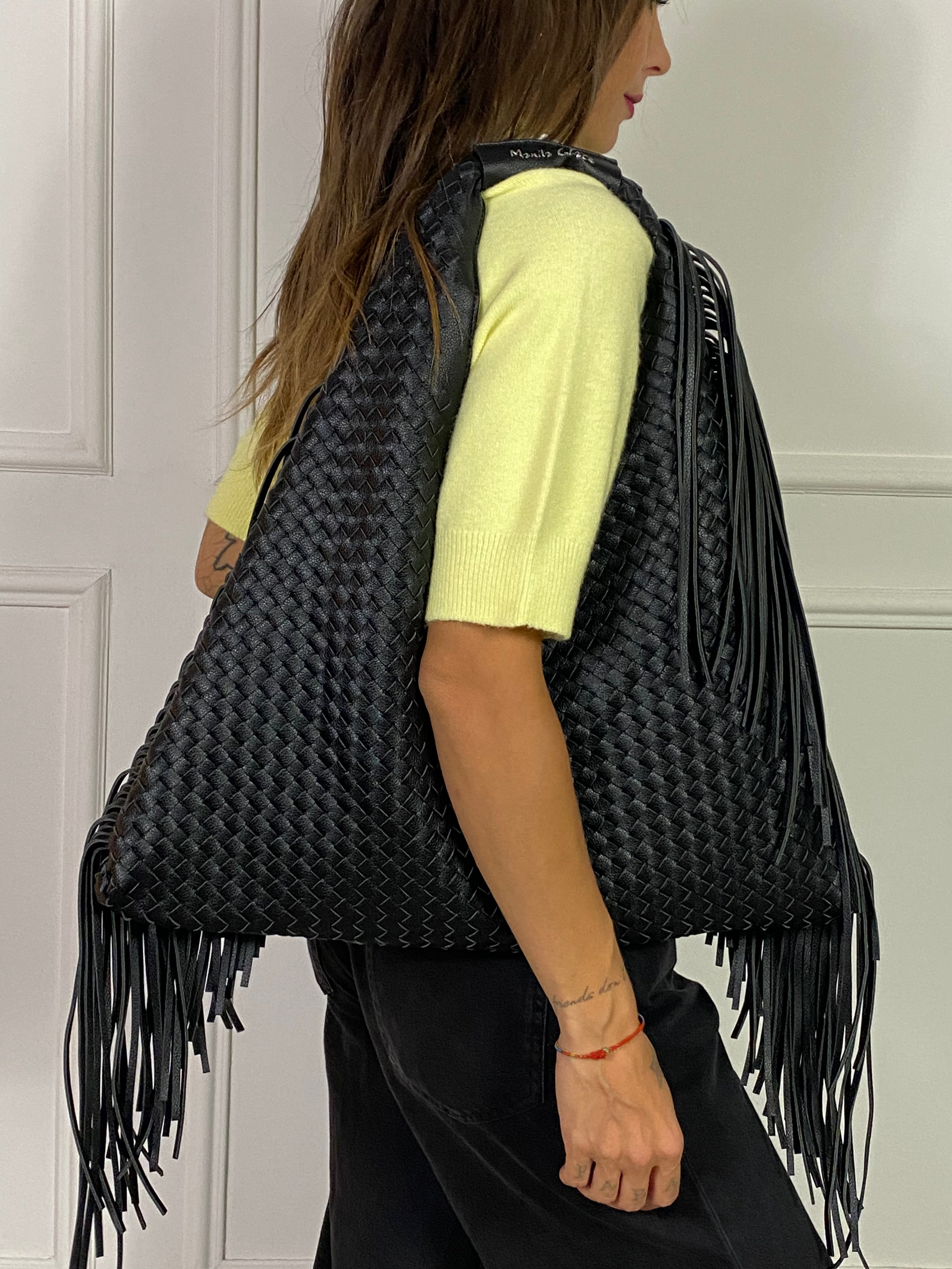 Borsa Manila Grace SHOULDER BAG - ECOPELLE INTRECCIATA CON FRANGE LATERALI
