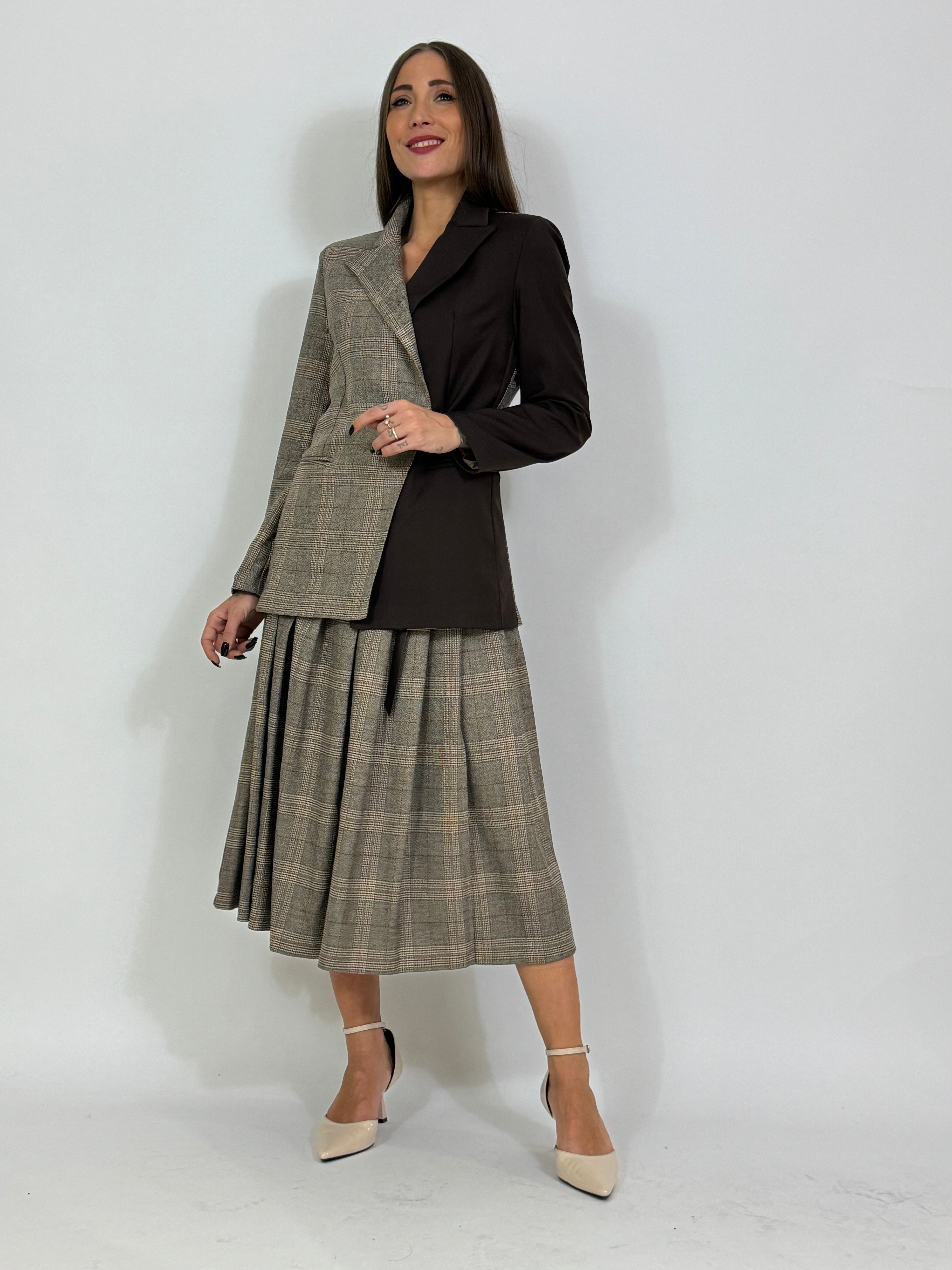 Gonna kilt midi con pieghe Susy Mix bicolore principe di Galles /Marrone